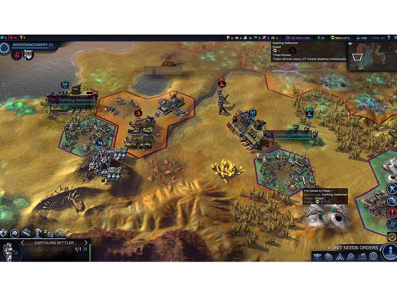 1 18 e SERVOMACHINERY (1) 4 6 o 16 D 2 a 75/1970 [*226) 29 3904 (*211) Earthling Settlement Desert 1 Trade Routes Thabo (African Union) Central (Kavithan Protectorate) +300 PUT SO JENALI Earthling Settlement T Earthling Settlement T eTain Desert Output 1 Z ZZ2 N X EARTHLING SETTLER 1/1  A UNIT NEEDS ORDERS