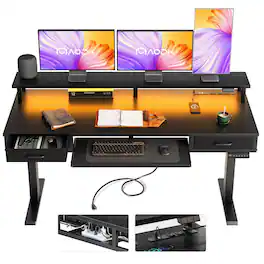 AODK - Standing Desk with Storage Drawers, Keyboard Tray, Power Outlets and LED Lights - Black