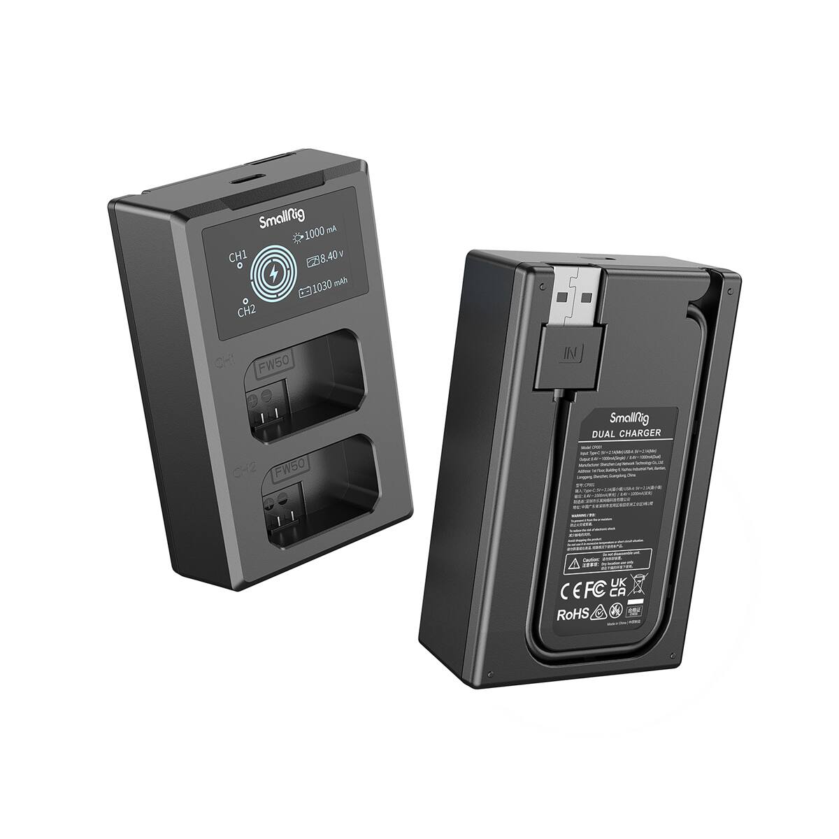 Smallrig 1000 mAh CH1 8.40 v 1030 mAh CH2  
FW50  
CH2 FW50  
Smallrig DUAL CHARGER 72 can Handwiver  
Caudium UK CEFC CA RoHS