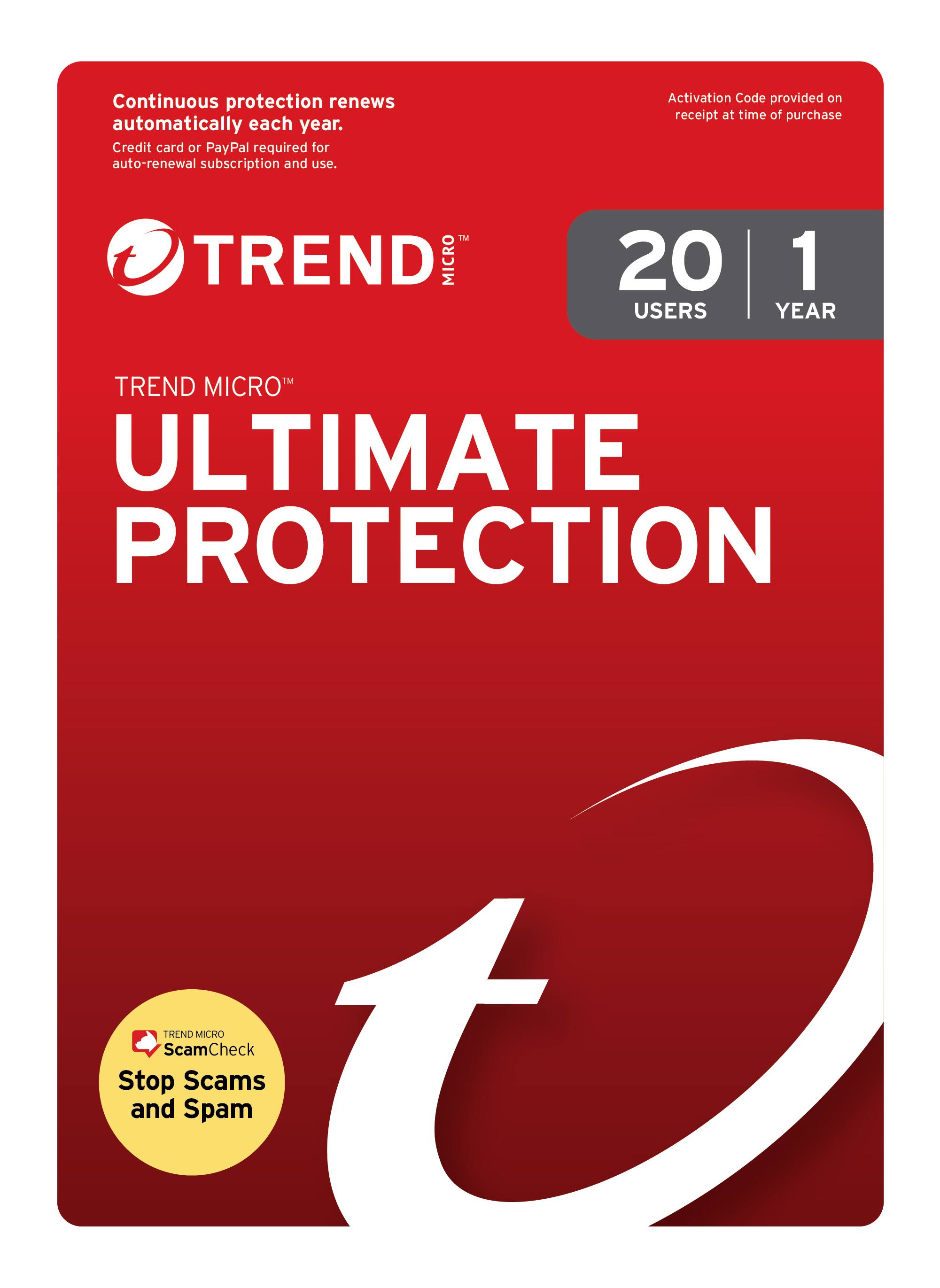 Continuous protection renews automatically each year.  
Credit card or PayPal required for auto-renewal subscription and use.  

TREND MICRO  
ULTIMATE PROTECTION  

20 USERS | 1 YEAR  

Activation Code provided on receipt at time of purchase  

TREND MICRO ScamCheck  
Stop Scams and Spam