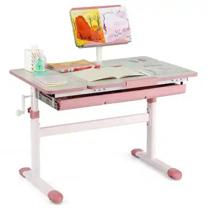 Front. Costway - Costway Height-Adjustable Kids Desk Children Study Table with Tilt Desktop & Book Stand - Pink.
