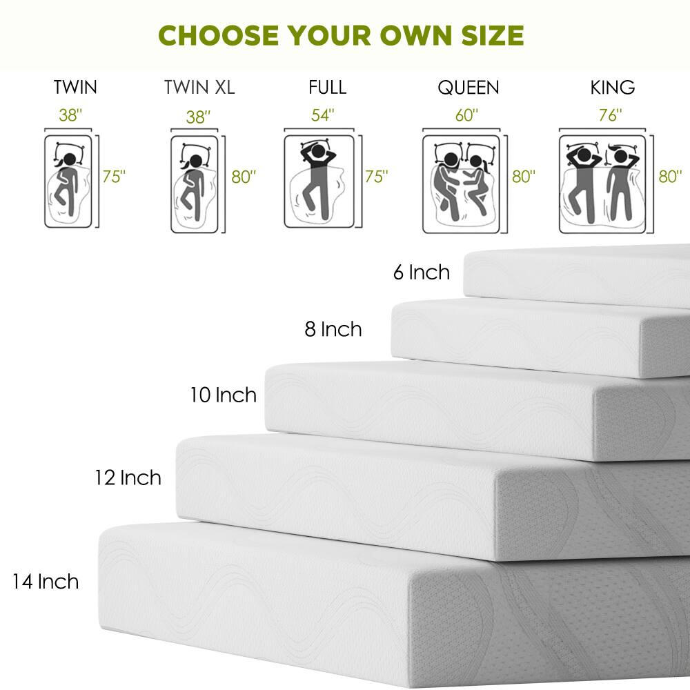 CHOOSE YOUR OWN SIZE

TWIN 38" 75"
TWIN XL 38" 80"
FULL 54" 75"
QUEEN 60" 80"
KING 76" 80"

6 Inch
8 Inch
10 Inch
12 Inch
14 Inch