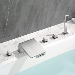 Boyel Living - 7 in.W Bathtub Hot and Cold Water Faucet with Handheld Shower and Waterfall Outlet 5-Hole - Brushed Nickel