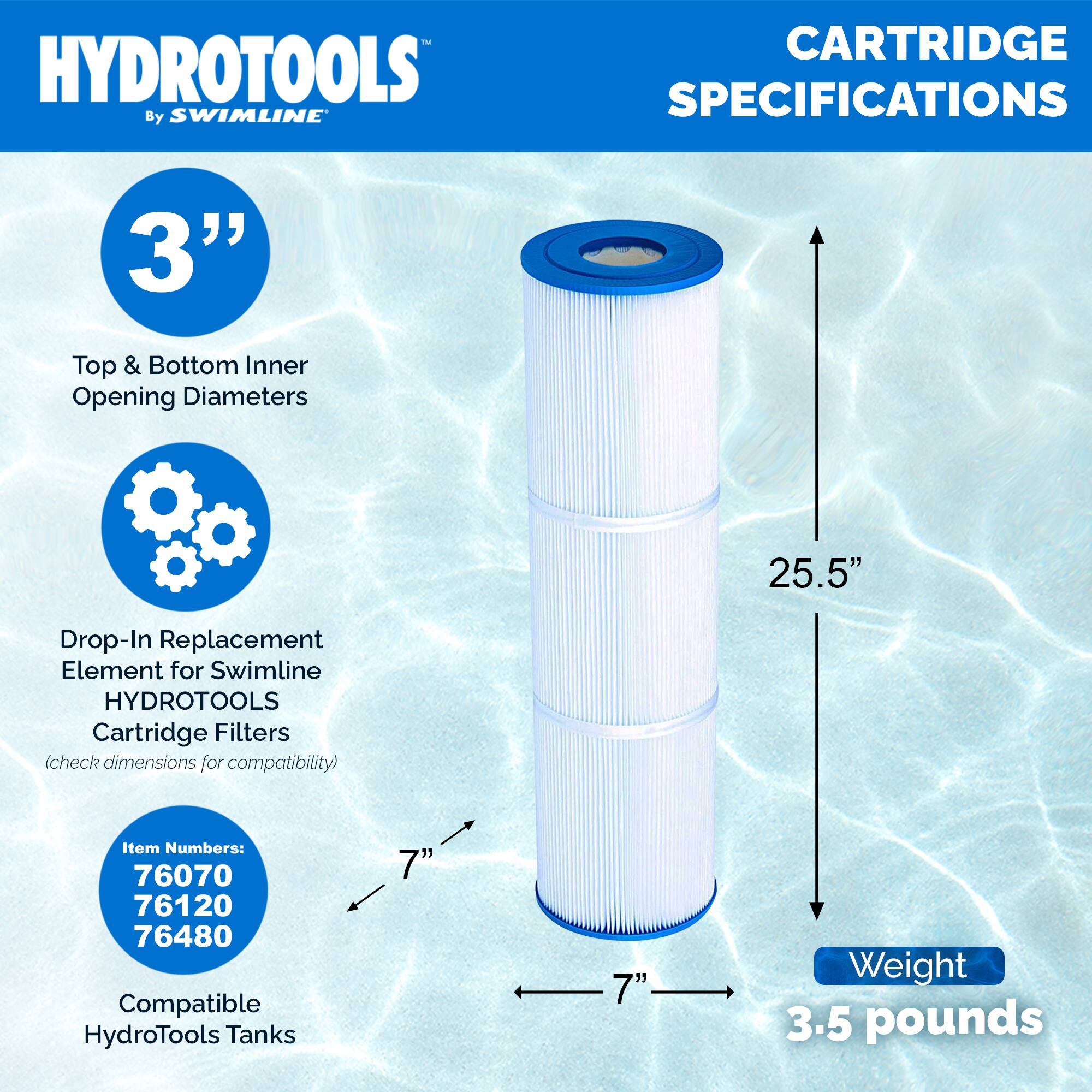 HYDROTOOLS By SWIMLINE CARTRIDGE SPECIFICATIONS

- 3" Top & Bottom Inner Opening Diameters
- 25.5" Drop-In Replacement Element for Swimline HYDROTOOLS Cartridge Filters (check dimensions for compatibility)
- Item Numbers: 76070, 76120, 76480
- Compatible HydroTools Tanks: 7" x 7"
- Weight: 3.5 pounds