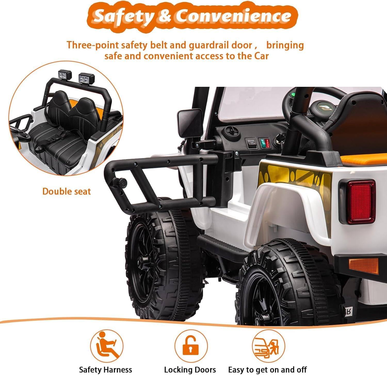 Safety & Convenience

Three-point safety belt and guardrail door, bringing safe and convenient access to the Car

Double seat

Safety Harness

Locking Doors

Easy to get on and off