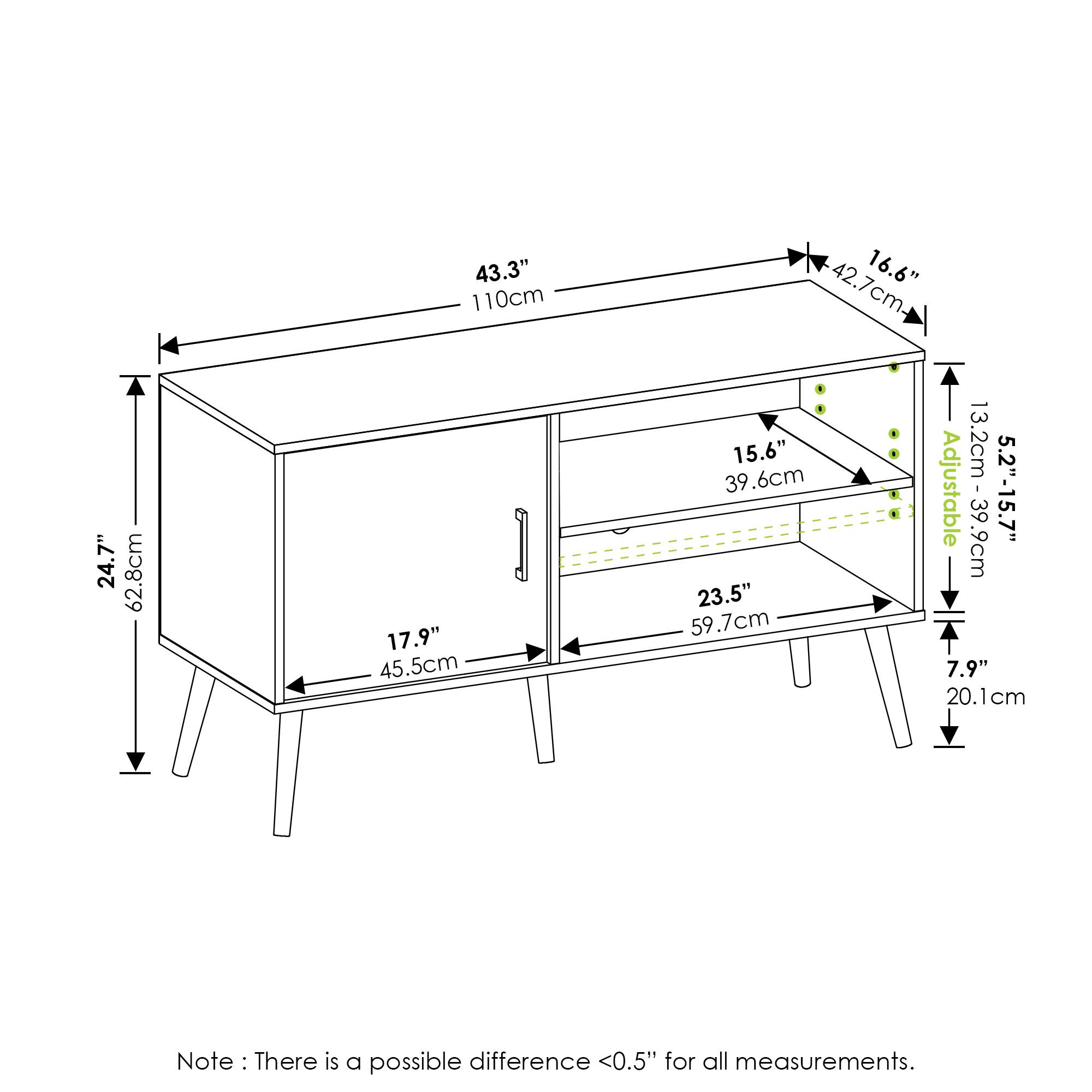 - 24.7" / 62.8cm
- 43.3" / 110cm
- 17.9" / 45.5cm
- 42.7cm
- 16.6"
- 15.6" / 39.6cm
- Adjustable 39.9cm
- 5.2"-15.7" / 13.2cm-39.7cm
- 23.5" / 59.7cm
- 7.9" / 20.1cm

Note: There is a possible difference <0.5" for all measurements.