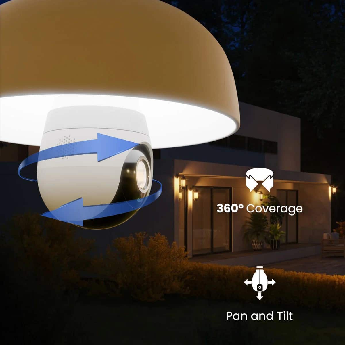 The image features a house with a security light on the side. The light is described as having 360 coverage, which suggests that it provides a wide range of visibility to monitor the surrounding area. The light is also depicted as having a pan and tilt feature, which allows it to move and adjust its position to cover more ground or focus on specific areas. This combination of features makes the security light an effective tool for ensuring the safety and security of the property.