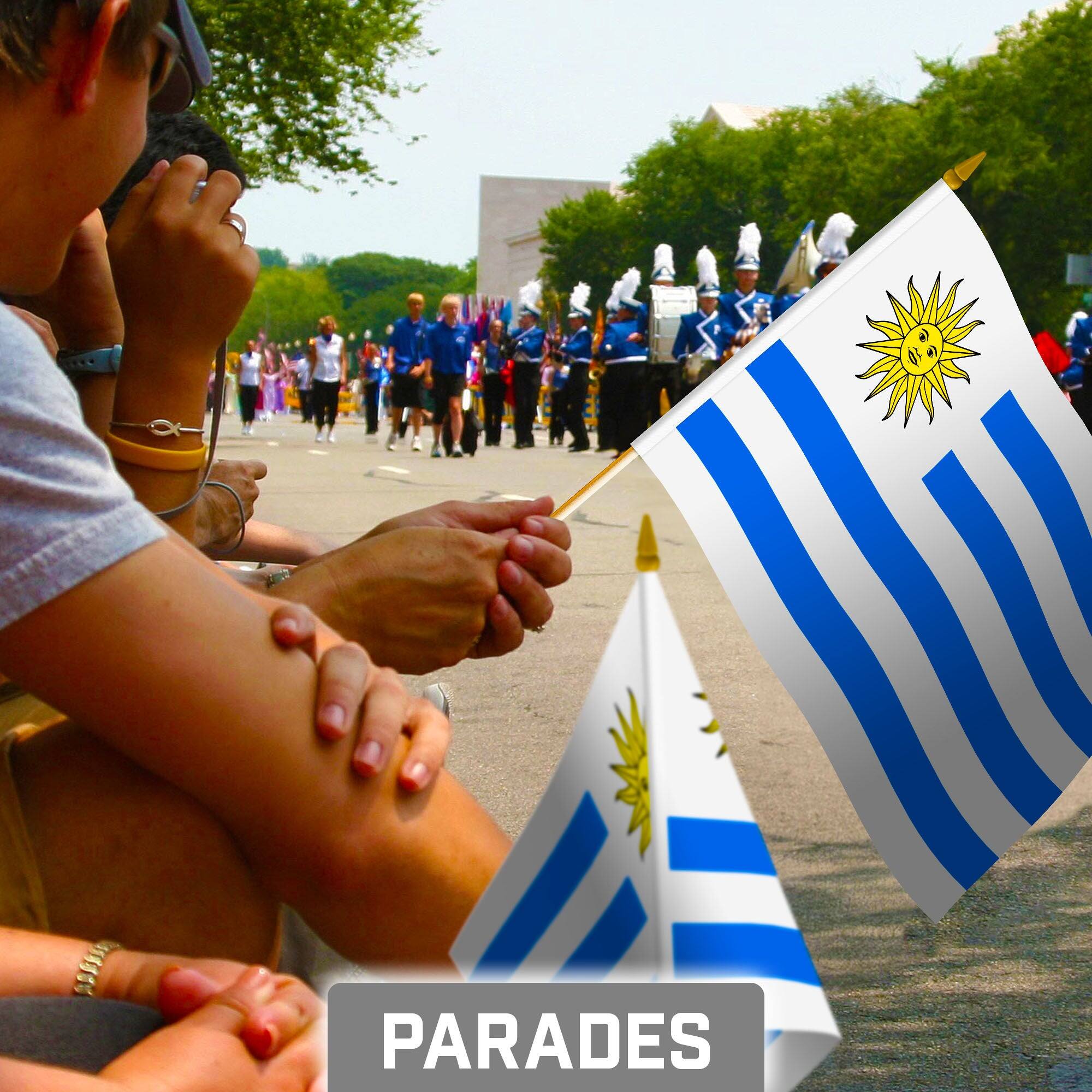 Alt View 1. G128 - 50-Pack Handheld Uruguay Stick Flags 8x12 in, 150D Polyester, Wooden Stick with Gold Spear Tip - Assorted Colors.