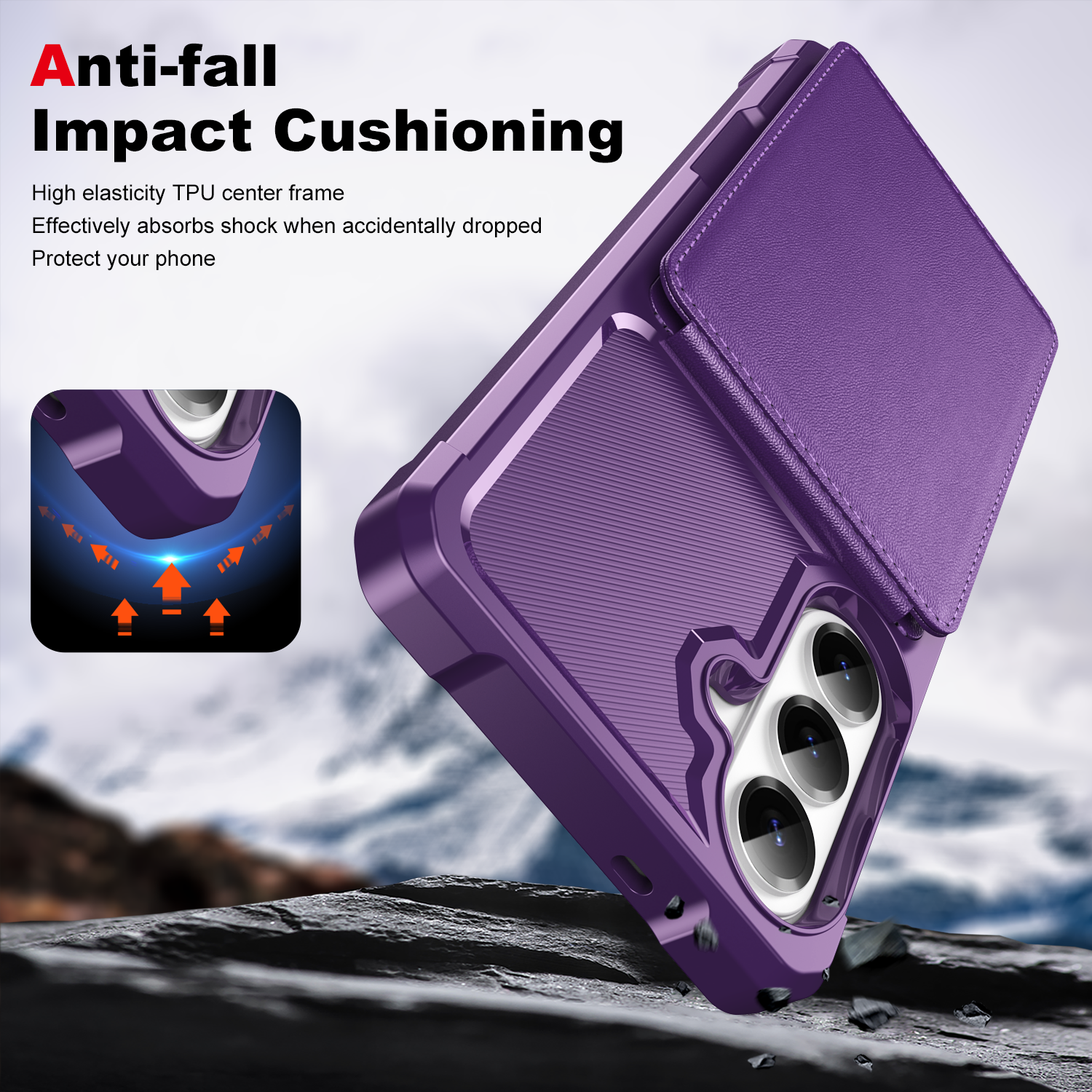 Anti-fall Impact Cushioning

High elasticity TPU center frame  
Effectively absorbs shock when accidentally dropped  
Protect your phone