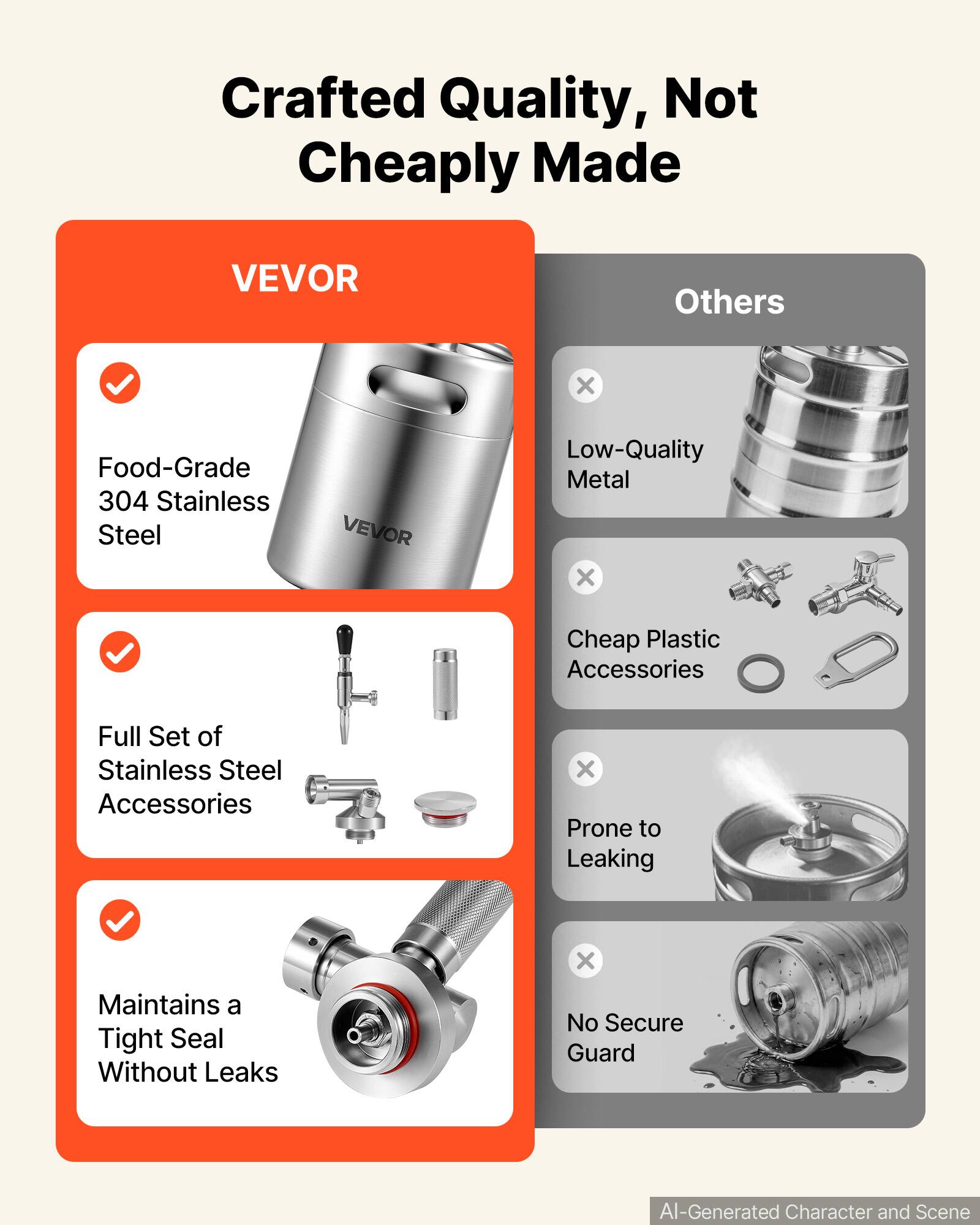 Crafted Quality, Not Cheaply Made

VEVOR
- Food-Grade 304 Stainless Steel
- Full Set of Stainless Steel Accessories
- Maintains a Tight Seal Without Leaks

Others
- Low-Quality Metal
- Cheap Plastic Accessories
- Prone to Leaking
- No Secure Guard

AI-Generated Character and Scene