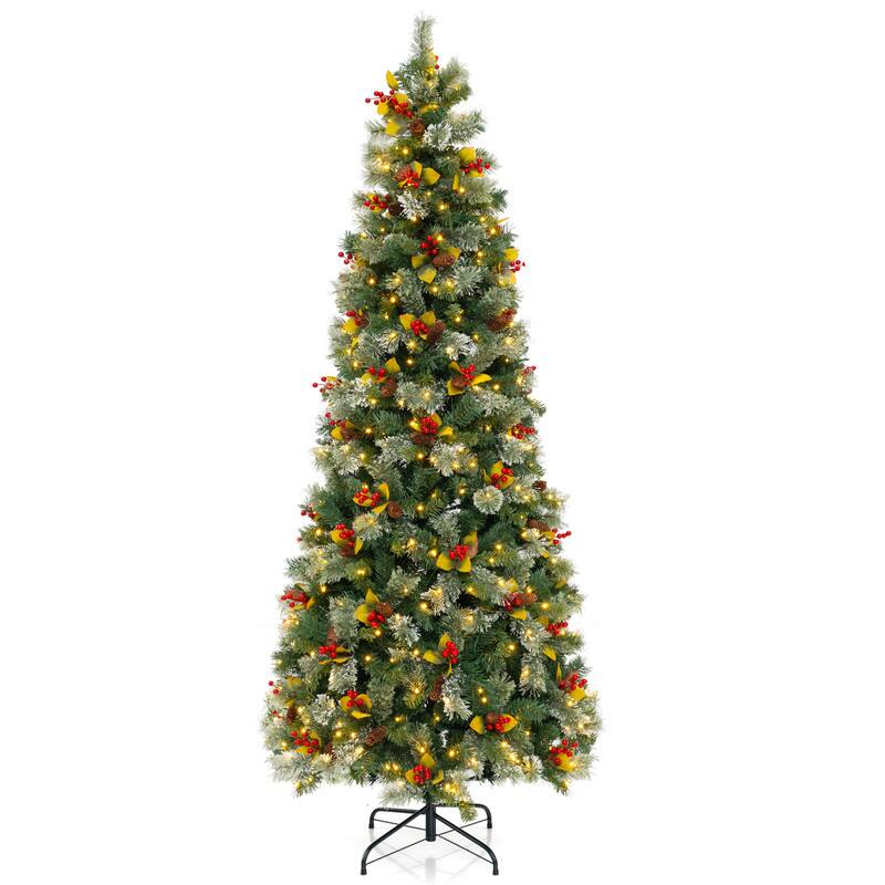Front. WELLFOR - 7.5 ft Prelit Mixed PVC‑Pine Needle Artificial Hinged Christmas Tree with Warm White Lights,1096 Full Branch Tips - Green.