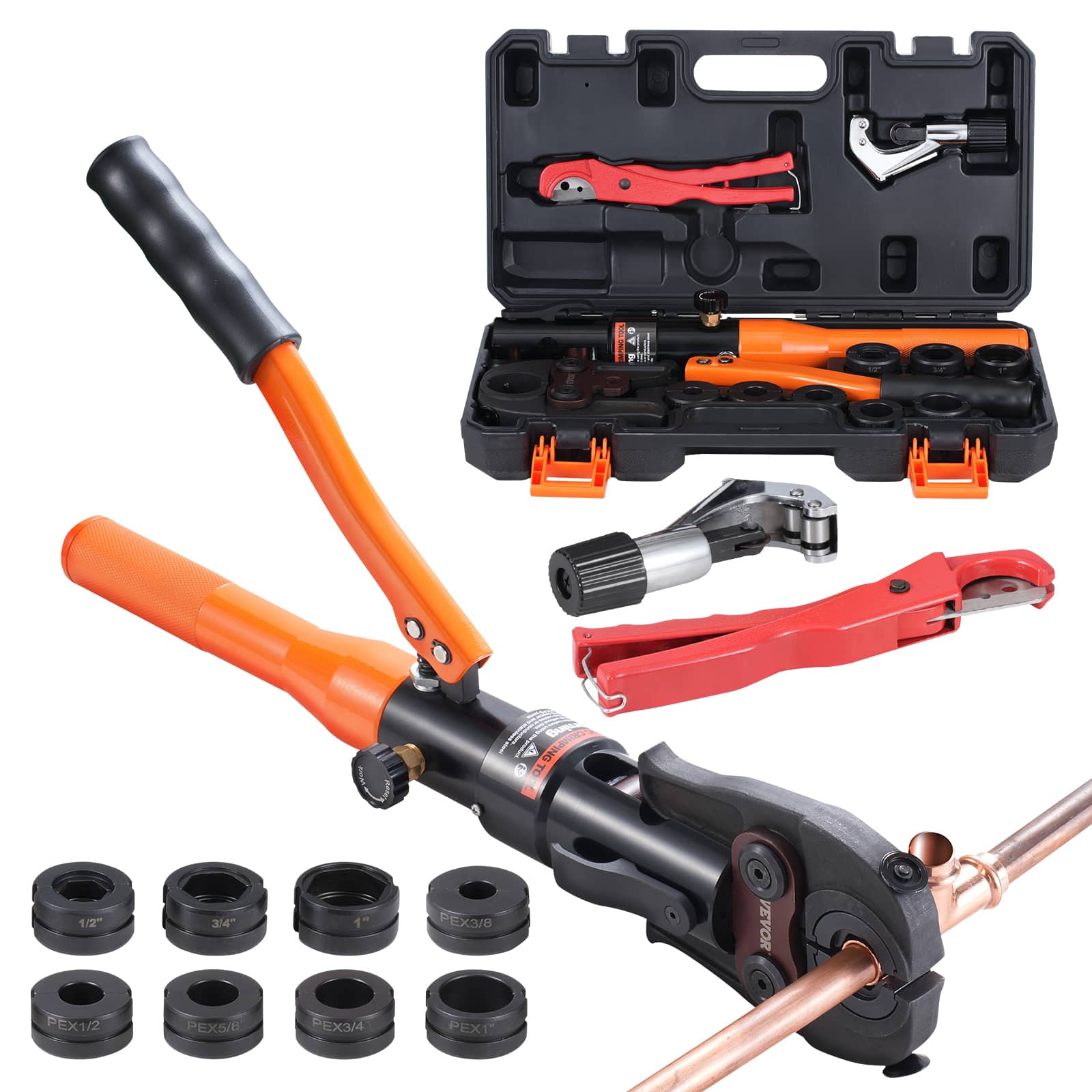 VEVOR - Copper Pipe Crimping Tool,Hydraulic Driven Press Tool with 1/2",3/4",1" Jaws for Copper Pipe and 3/8", 1/2", 5/8", 3/4" - Black;orange