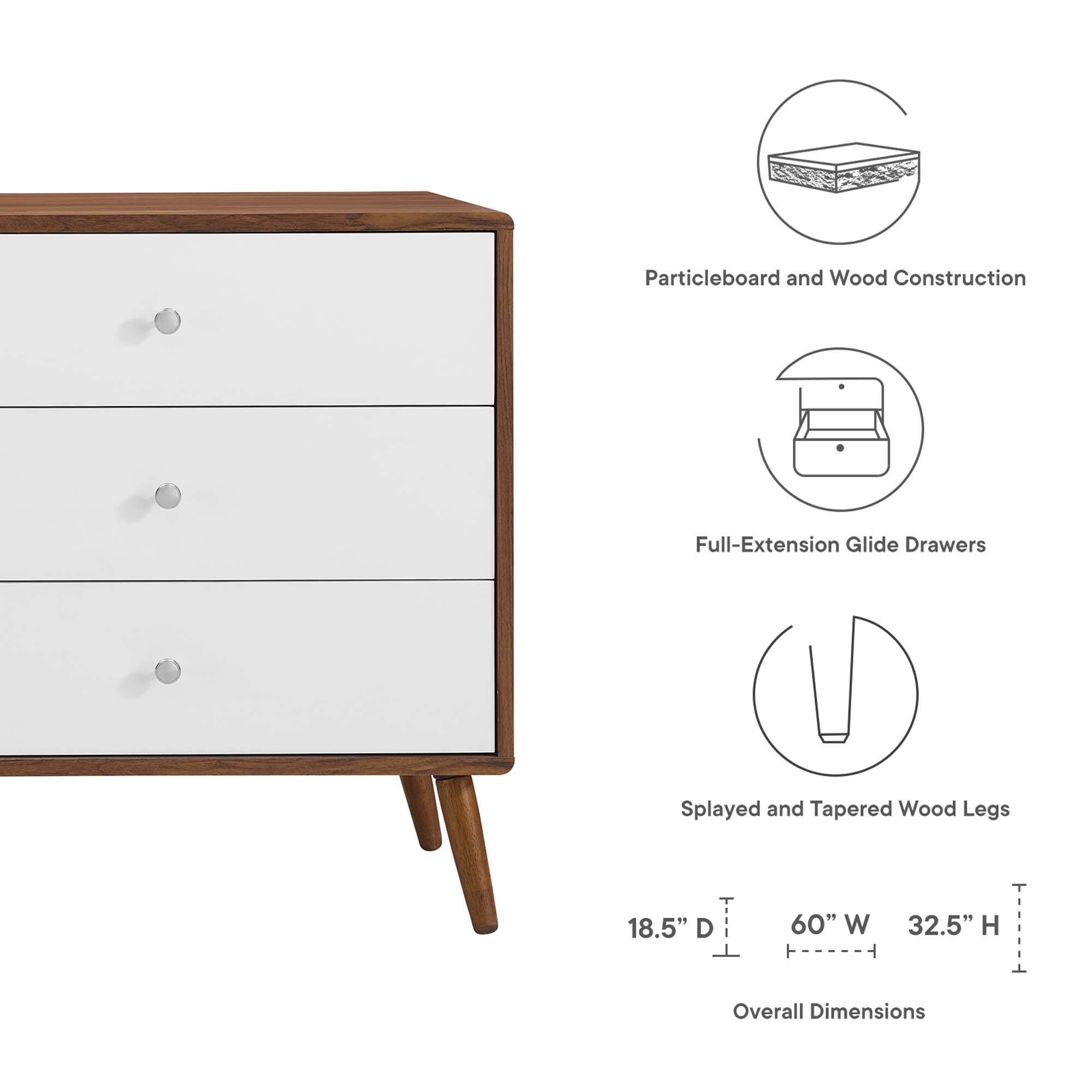 - Particleboard and Wood Construction
- Full-Extension Glide Drawers
- Splayed and Tapered Wood Legs
- Overall Dimensions: 18.5" D x 60" W x 32.5" H