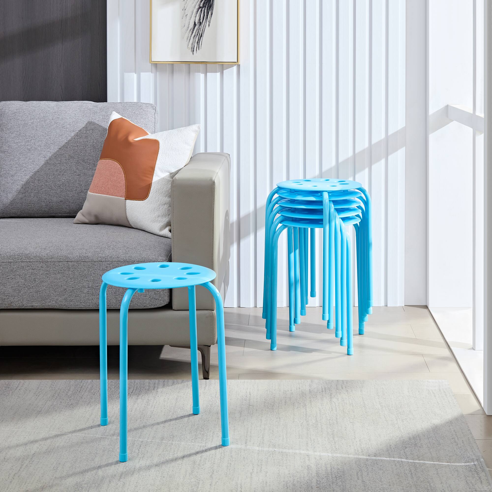 Back. Vecelo - 6Pcs Commercial Stackable Stools - 265 lb Weight Capacity, Multi-Color Lightweight Stools for Classroom/Office - Blue.