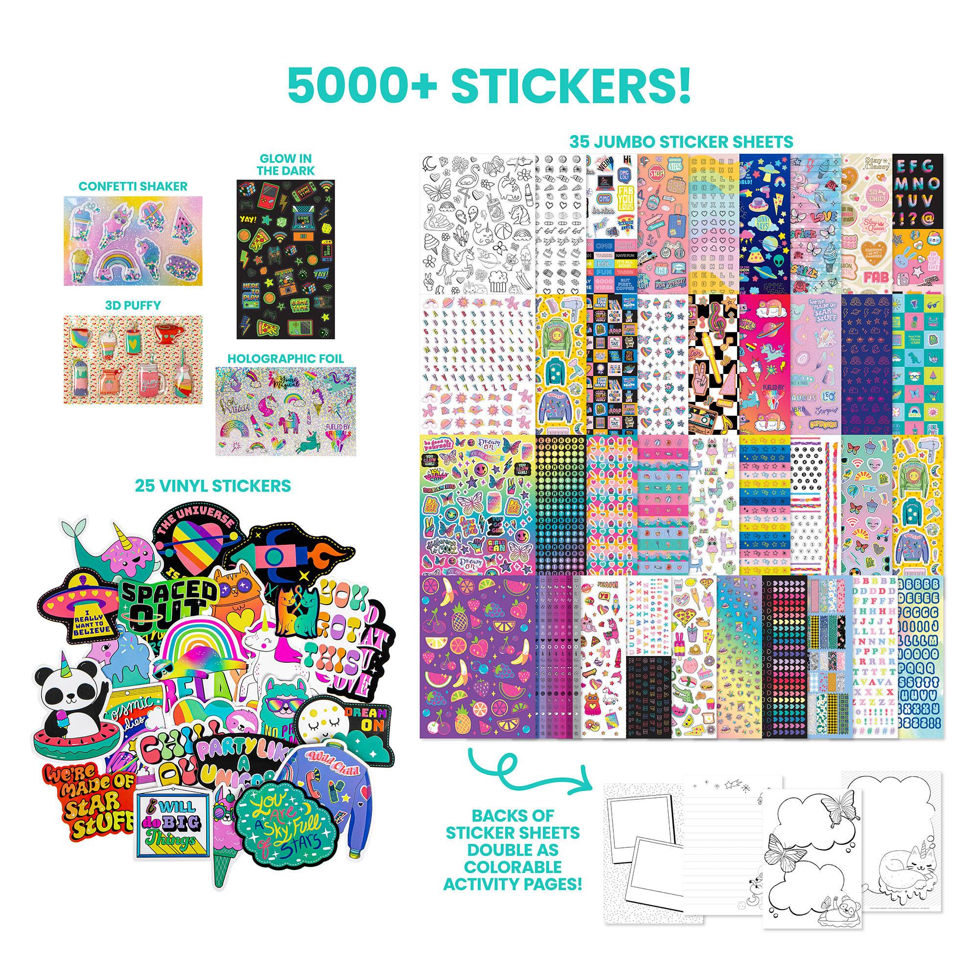 5000+ STICKERS! CONFETTI SHAKER GLOW IN THE DARK H 35 JUMBO STICKER SHEETS iato Se addda EFG M MNO TUV 1?G LAA FAB 3D PUFFY ARO MIL HOLOGRAPHIC FOIL S0 4 Supia 25 VINYL STICKERS THE UNIVERSE E M 2000R 8000 SPACED 3OK EIEUE SEALL i -. OUT  ROP THIs! Ape dis OREAN NO ON PARTYLIK A We're OU Chad MAD OF StAR WILL BACKS OF StUFE de BIG STICKER SHEETS Things STATS AS DOUBLE COLORABLE ACTIVITY PAGES! 0000 X3000 G3G3 00000 30660 10000 000 0 B0U 38U 3BB8888