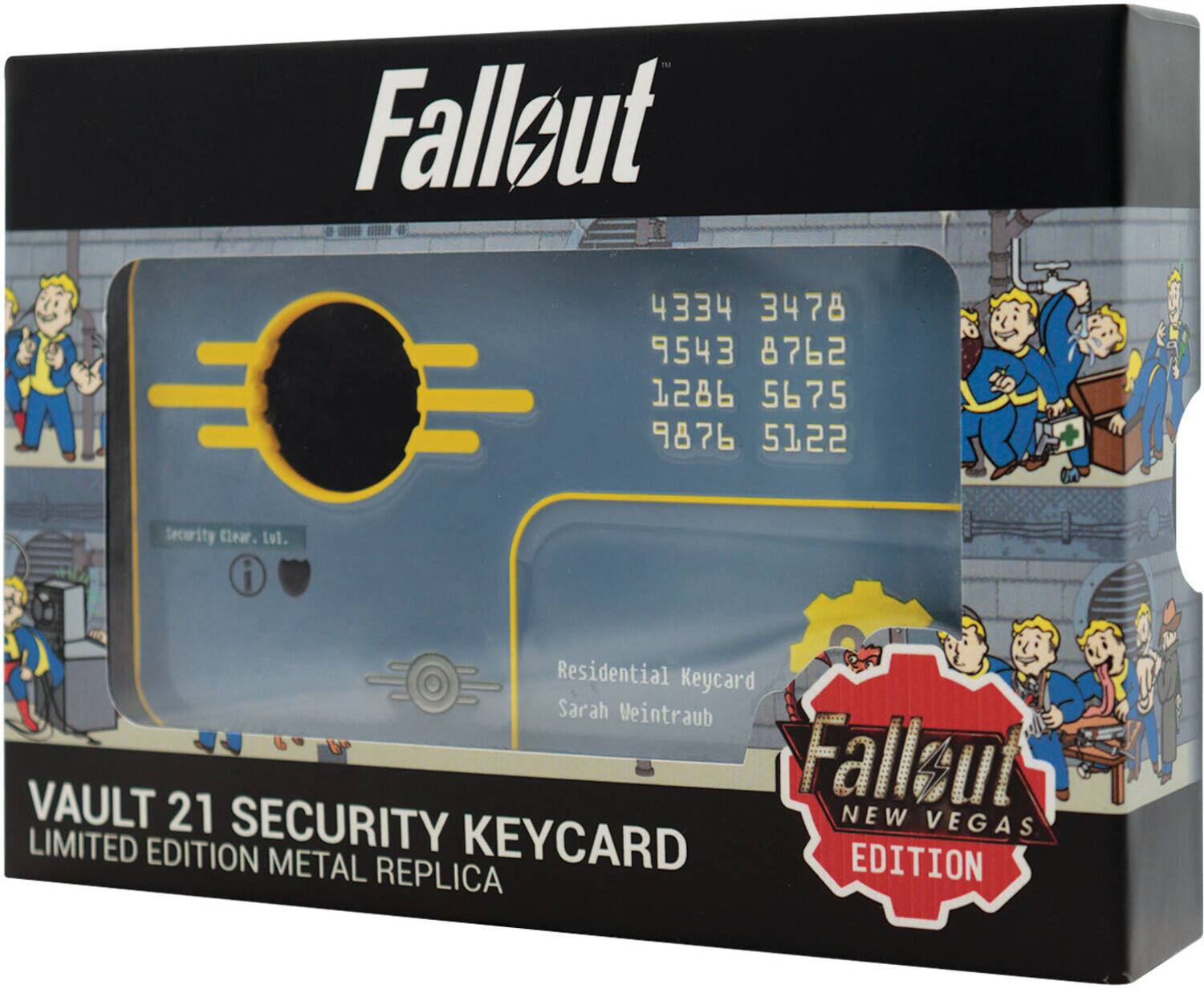 Falleut 4334 3478 9543 8762 1286 5675 9876 5122 Security Clear. lvl. i Residential Keycard Sarah Weintraub VAULT 21 SECURITY NEW VEGAS LIMITED EDITION METAL KEYCARD REPLICA