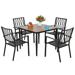 Nuu Garden - 5PCS Patio Stackable Dining Set, Umbrella Hole and Wood-Grain Tabletop - Black