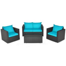 Kadyn - 4 Patio Rattan Cushioned Sofa Furniture Set Garden Conversation Sets with Padded Cushion and Tempered Glass Coffee Table - Blue