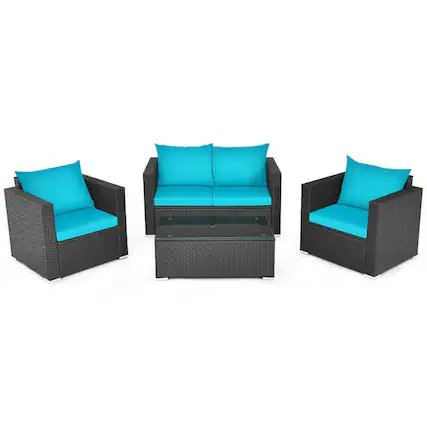 Front. Kadyn - 4 Patio Rattan Cushioned Sofa Furniture Set Garden Conversation Sets with Padded Cushion and Tempered Glass Coffee Table - Blue.