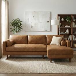Simpli Home - Morrison Mid Century Right Sectional 102 inch Wide Sofa Sectional in Caramel Brown Genuine Leather - Caramel Brown