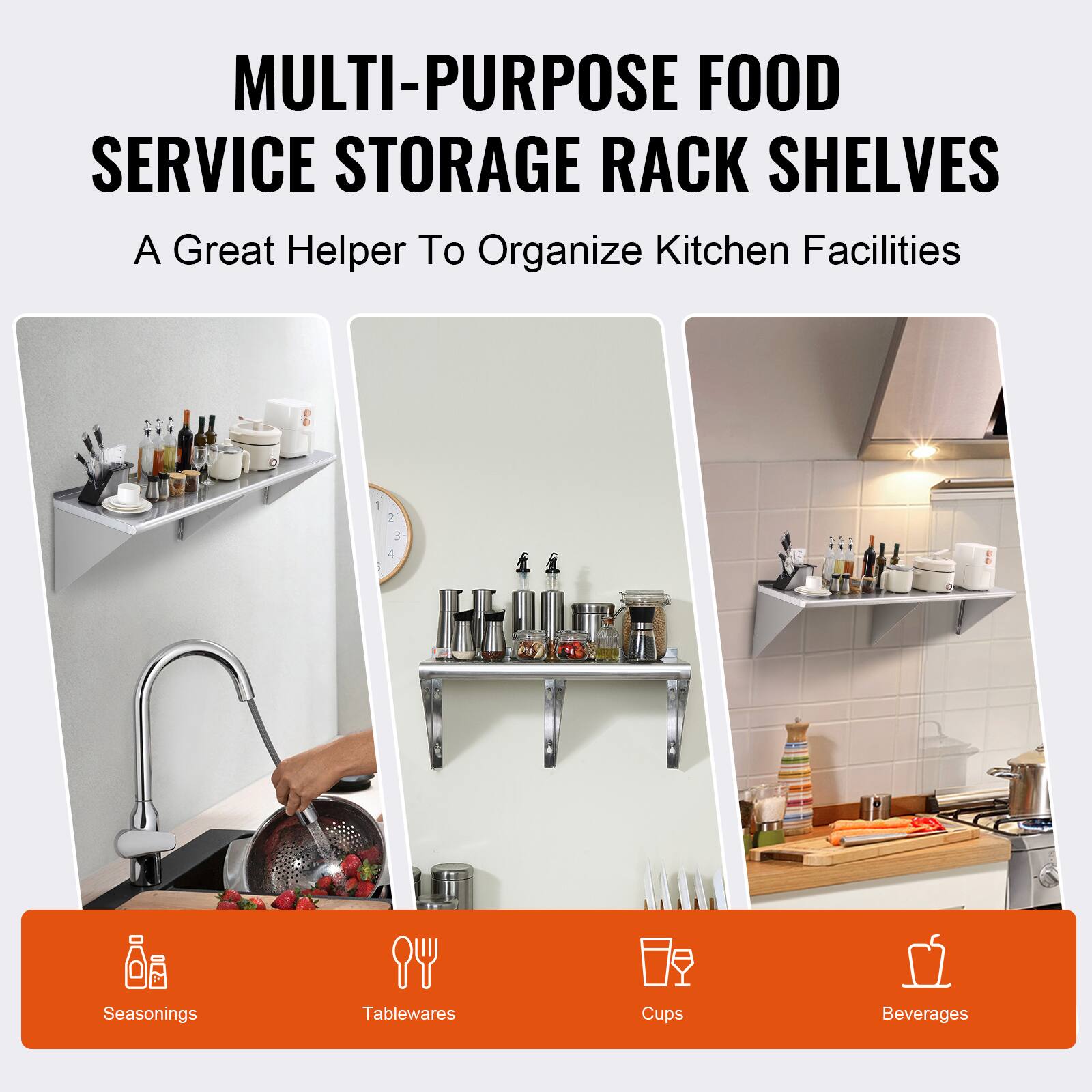 MULTI-PURPOSE FOOD SERVICE STORAGE RACK SHELVES  
A Great Helper To Organize Kitchen Facilities  

Seasonings  
Tablewares  
Cups  
Beverages
