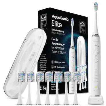 AquaSonic Elite
Ultra-Whitening Power Toothbrush
Sonic Technology for Healthier Teeth & Gums
ADA Accepted
American Dental Association
Transform your smile with state-of-the-art dental technology for whiter teeth and healthier gums. Developed and perfected in Los Angeles, loved worldwide.
50,000 VPM motor
30+ day battery life
IPX7 waterproof
Handle
Travel Case
Charging Base
Elite
CLEAN
SOFT
WHITEN
MASSAGE
DEEP CLEAN
AquaSonic Elite