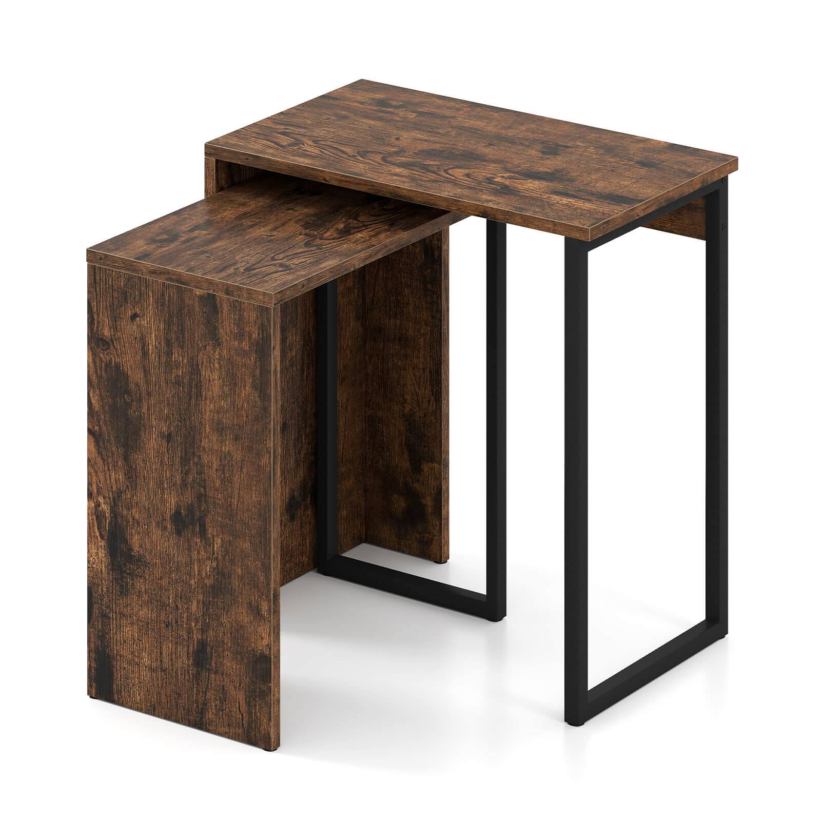Angle. Costway - Costway Set of 2,Nesting Coffee Table 2-in-1 Faux Wood Top Sofa Side Table Rustic Brown - Rustic Brown + Black.