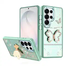 Kitcheniva - 3D Butterfly Bling Charm Stand Phone Case With Tempered Glass For Samsung Galaxy S26 Ultra - Teal