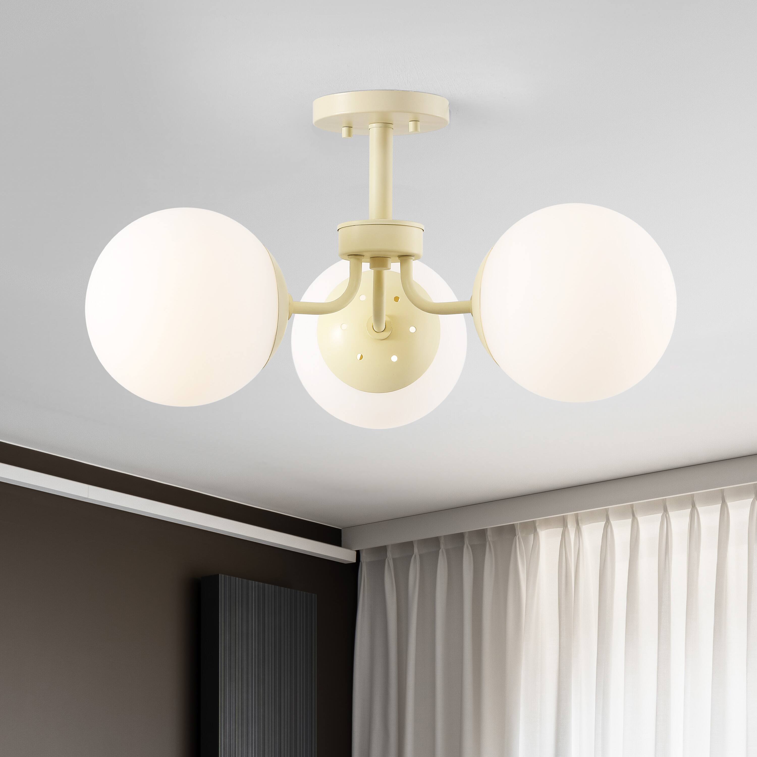 Alt View 1. Jonathan Y - Olivier 23.5" 3-Light Bohemian Farmhouse Iron/Frosted Glass LED Semi Flush Mount, Beige - Beige.