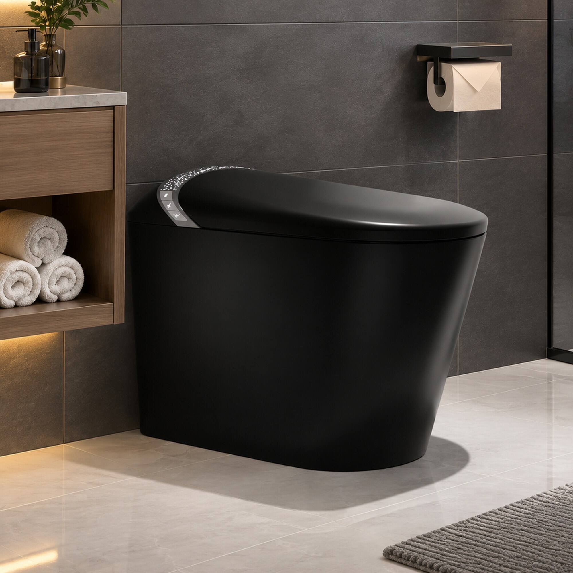 Back. RYHNUYNE - Starry Night Light Smart Bidet Toilet, Auto Open Close Seat Foot Sensor LED Display Warm Water Dryer Matte Black - Matte Black.