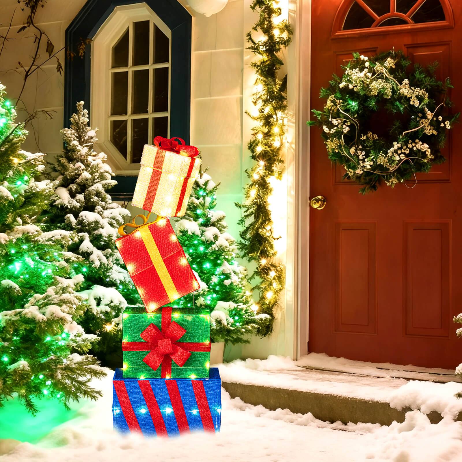 Alt View 4. Costway - Costway Set of 4 Christmas Lighted Gift Boxes with Colorful Bows, 52 Warm White LED Lights - Multicolor.