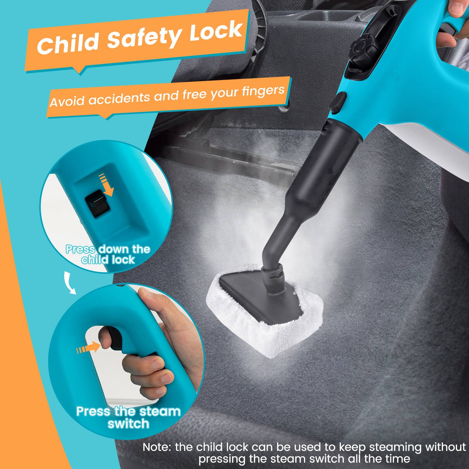 Child Safety Lock

Avoid accidents and free your fingers

Press down the child lock

Press the steam switch

Note: the child lock can be used to keep steaming without pressing the steam switch all the time