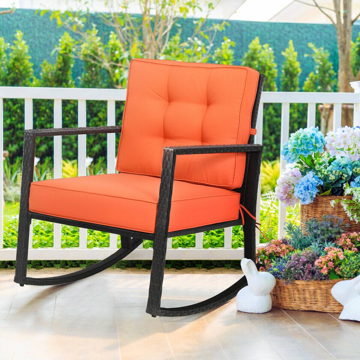 Alt View 1. Costway - Costway 2PCS Outdoor Wicker Rocking Chair Patio Lawn Rattan Single Chair Glider w/ Cushion - Orange.