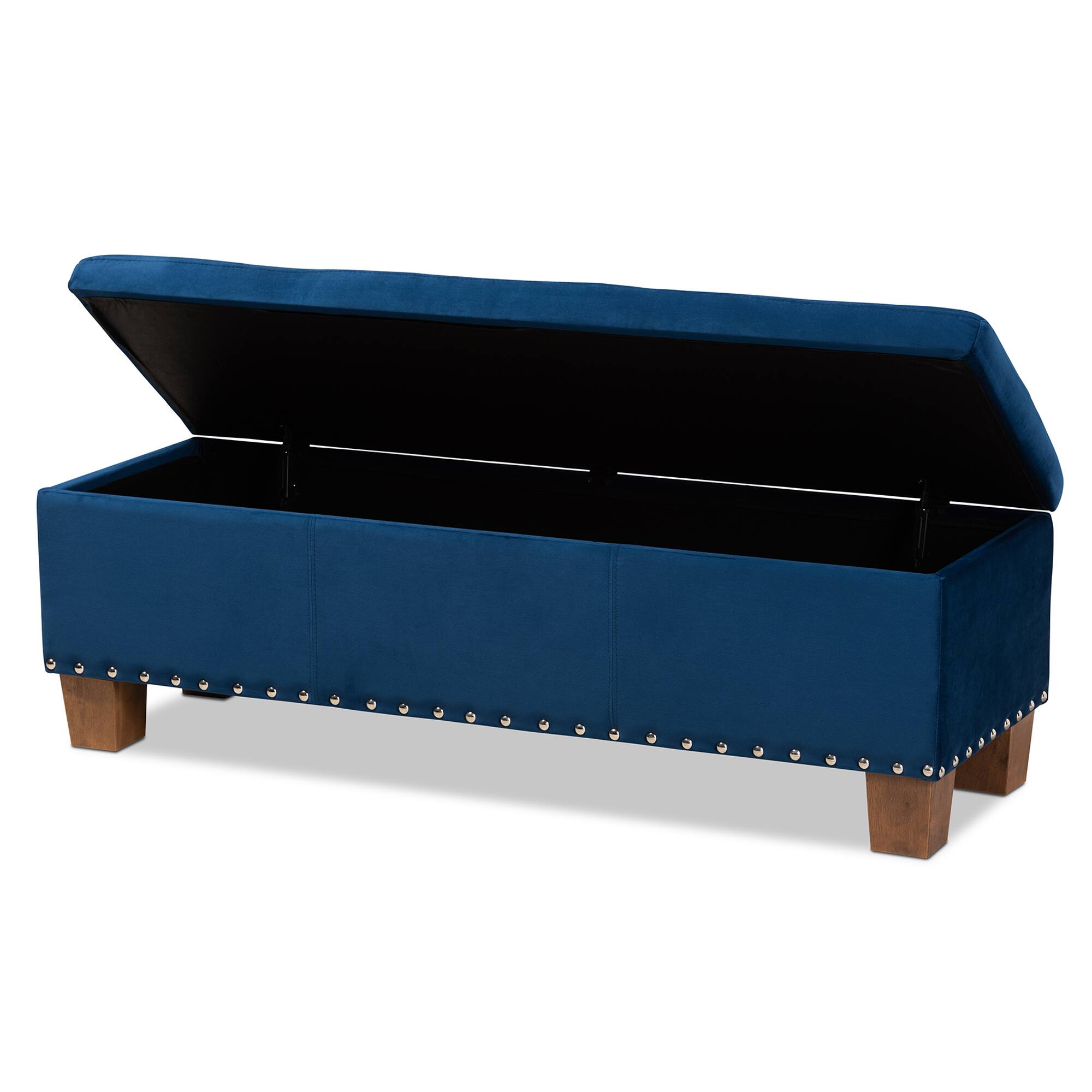 Angle. Baxton Studio - Hannah Modern and Contemporary Velvet Fabric Upholstered Button-Tufted Storage Ottoman Bench - Navy Blue/Brown.
