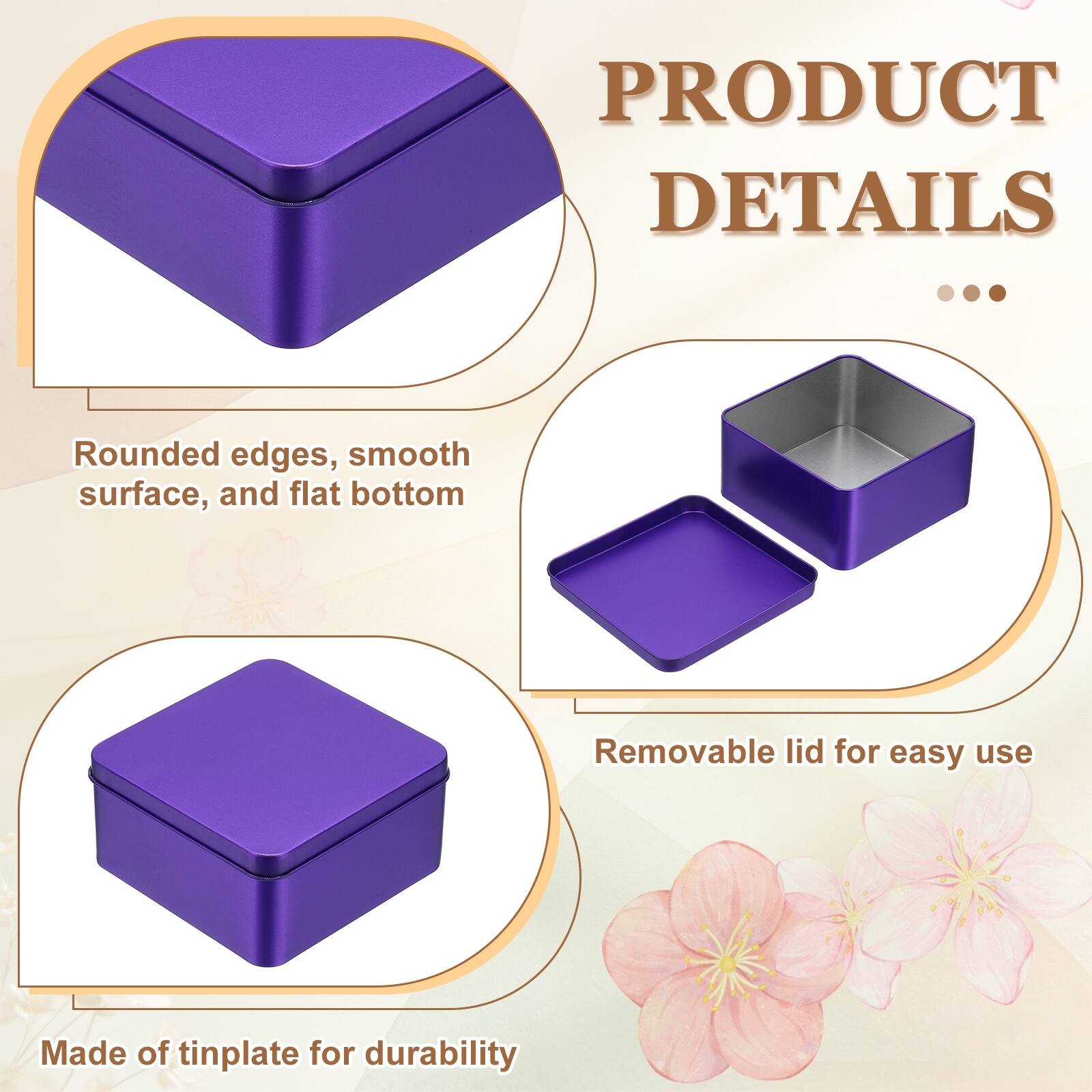 PRODUCT DETAILS

- Rounded edges, smooth surface, and flat bottom
- Removable lid for easy use
- Made of tinplate for durability