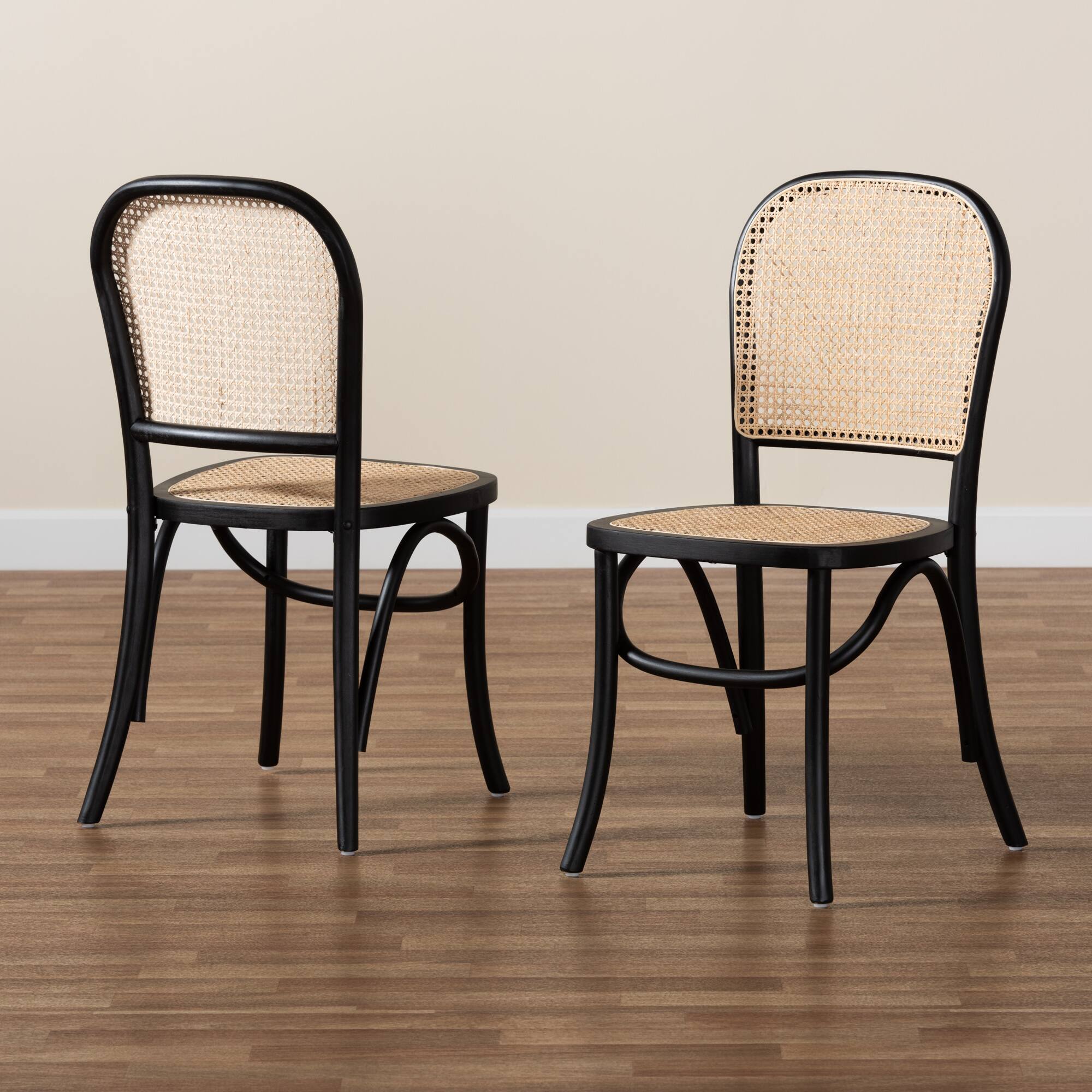 Alt View 4. Baxton Studio - Cambree Mid-Century Modern Woven Rattan and Wood 2-Piece Cane Dining Chair Set - Beige/Black.