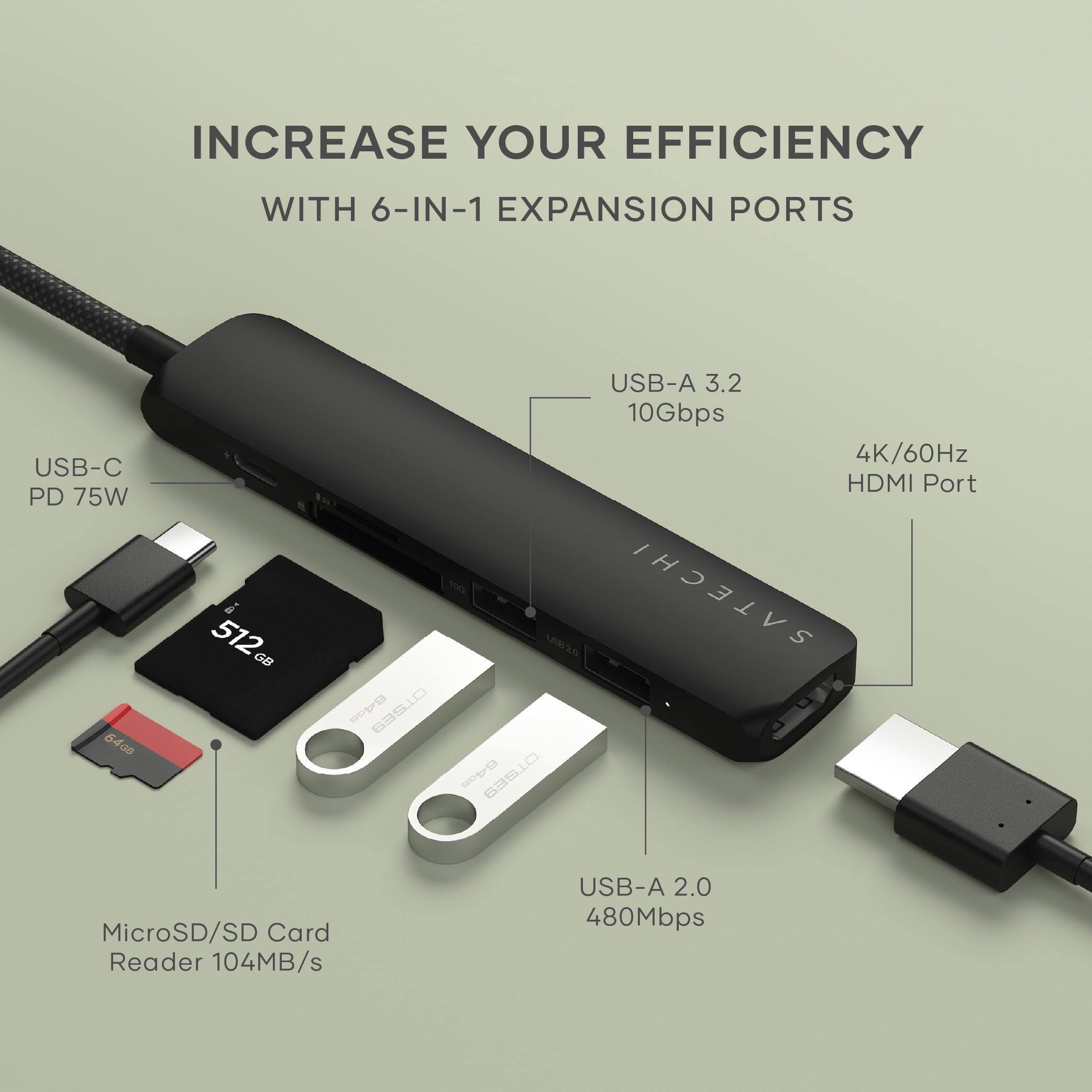 INCREASE YOUR EFFICIENCY WITH 6-IN-1 EXPANSION PORTS

- USB-C PD 75W
- USB-A 3.2 10Gbps
- 4K/60Hz HDMI Port
- MicroSD/SD Card Reader 104MB/s
- USB-A 2.0 480Mbps

SATECHI 0835
