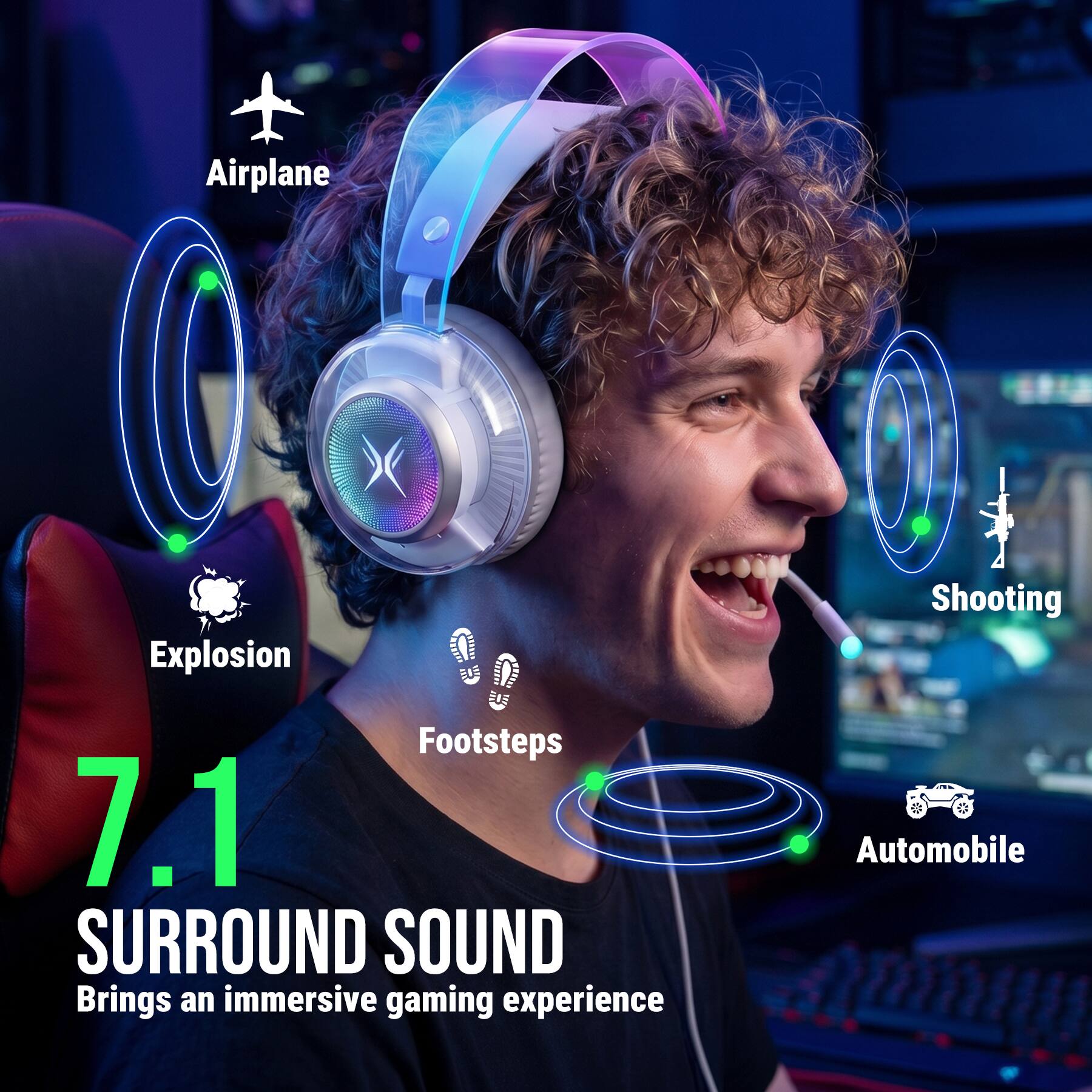 Airplane  
Explosion  
Footsteps  
7.1 SURROUND SOUND  
Brings an immersive gaming experience  
Shooting  
Automobile