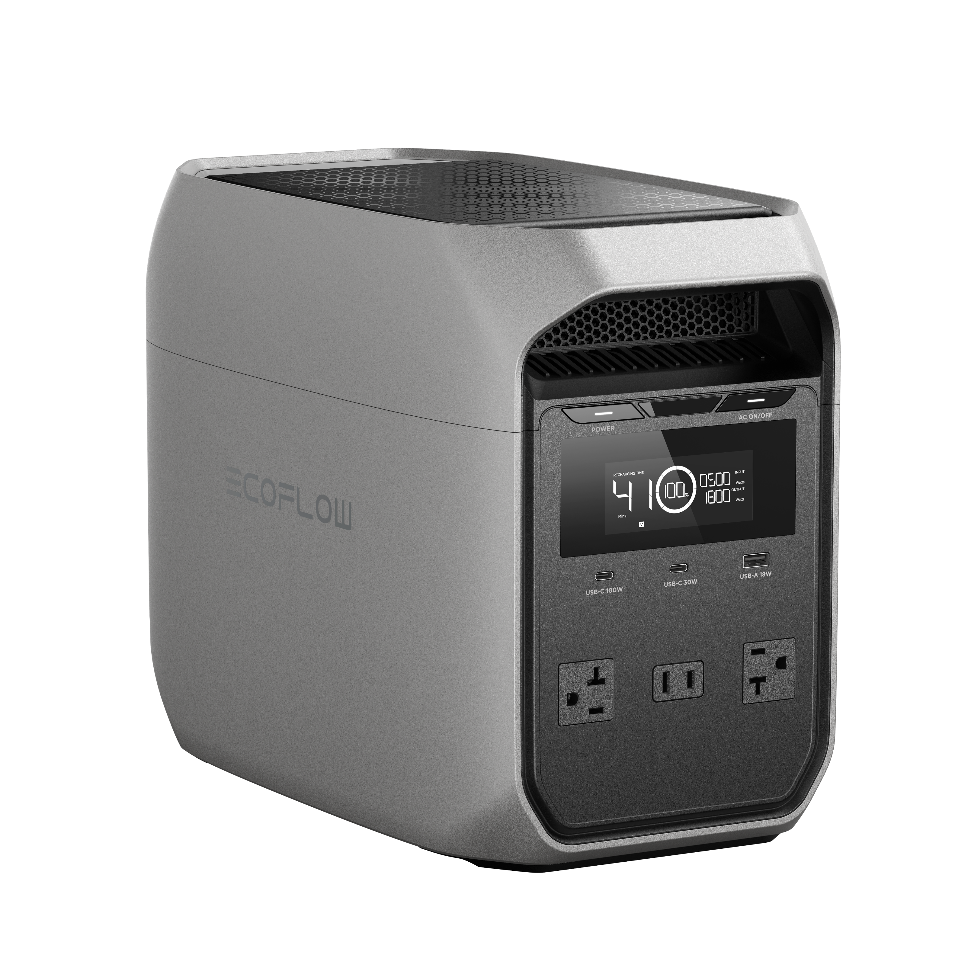 ECOFLOW

41%  
100%  
1500  
6000  

POWER  
AC ON/OFF  

USB-C 100W  
USB-C 100W  
USB-A 3W