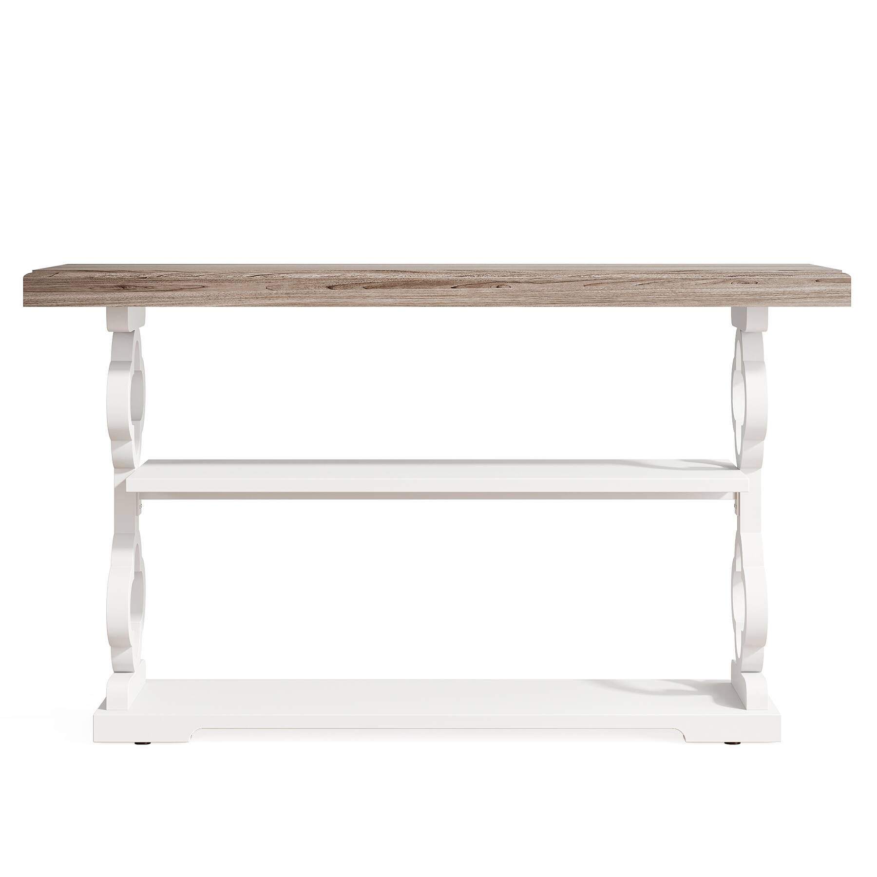 Angle. TinyHomie - 55in French Country Console Table - Farmhouse Sofa Table with 3 Storage Shelves Grey and White Entryway Table - Grey and White.