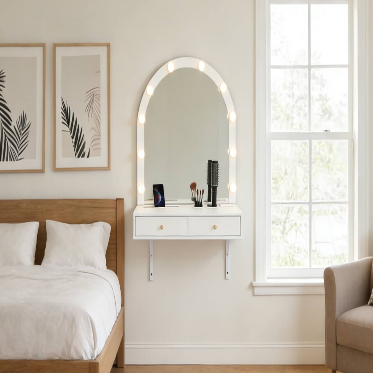 Alt View 3. Loheer - Loheer Floating Makeup Vanity Desk with Mirror and Lights, White Wall Mounted Vanity Desk - White.