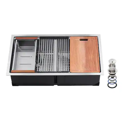 Front. VEVOR - 33 inch Kitchen Sink Workstation, 304 Stainless Steel Undermount Sink, Drop-In Double Bowl Farmhouse Basin - Grey.