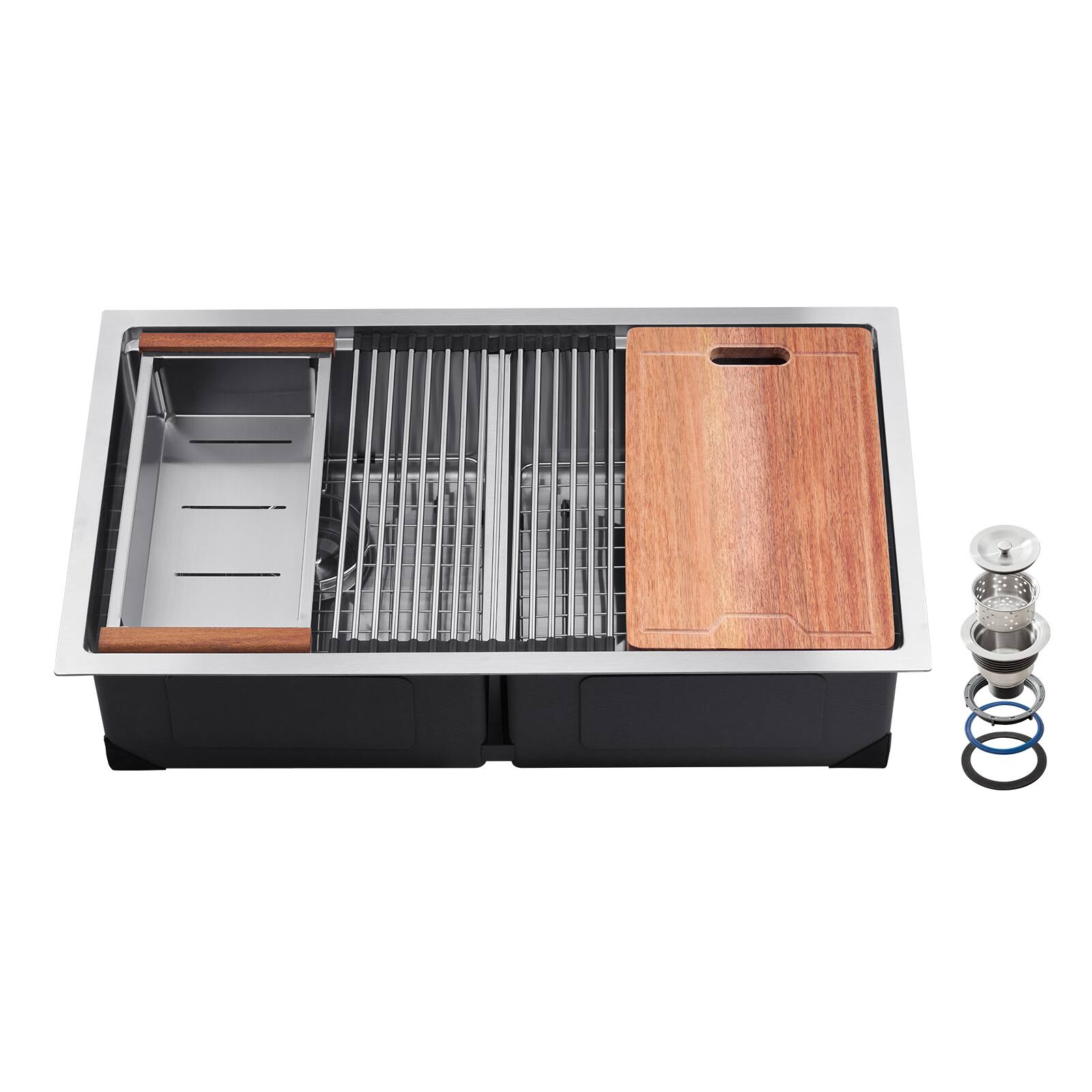 VEVOR - 33 inch Kitchen Sink Workstation, 304 Stainless Steel Undermount Sink, Drop-In Double Bowl Farmhouse Basin - Gray