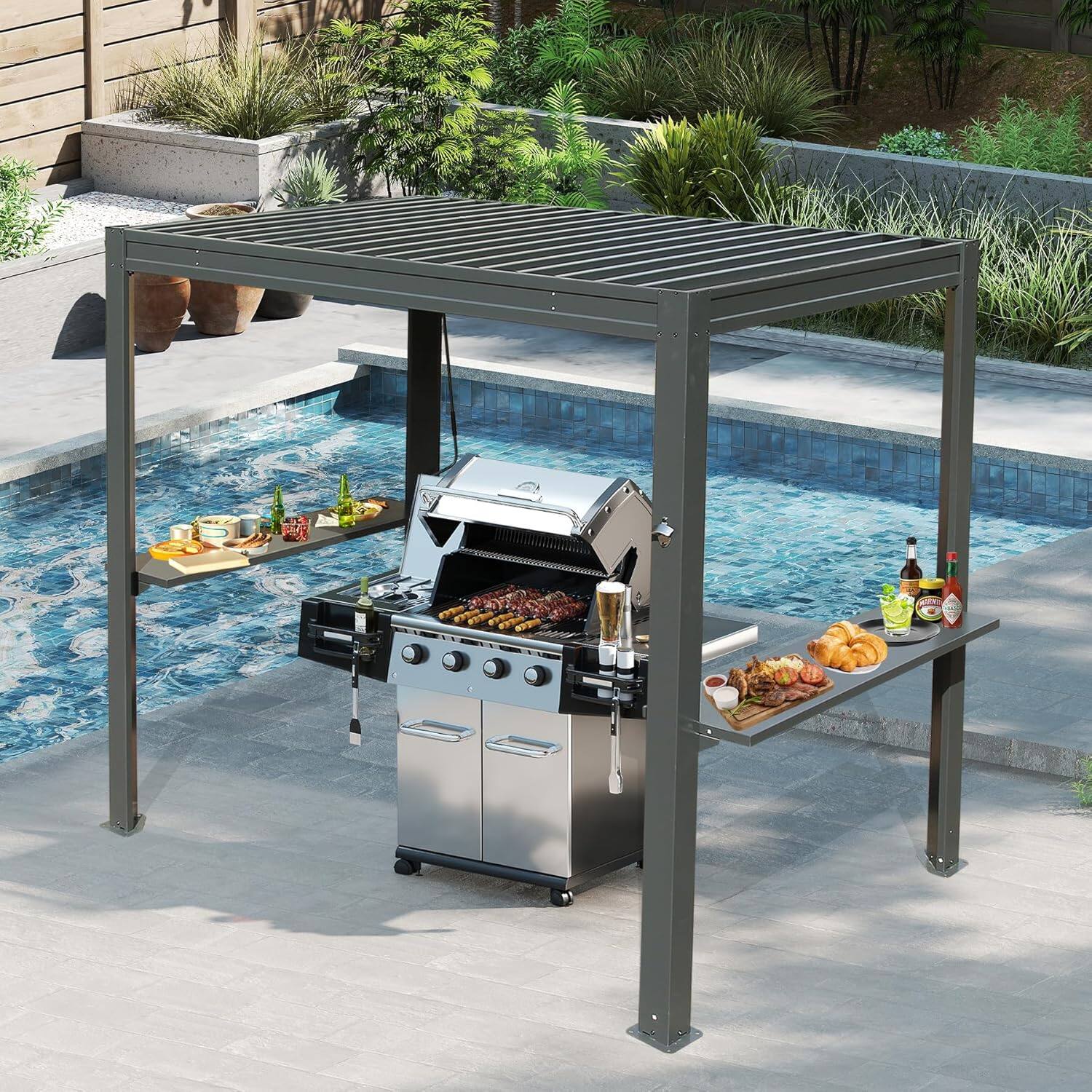 Left. Loheer - Loheer Grill Pergola, 8x5 Outdoor Grill Shelter with Adjustable Louvered Roof, Gutter, Side Shelves, Gray.