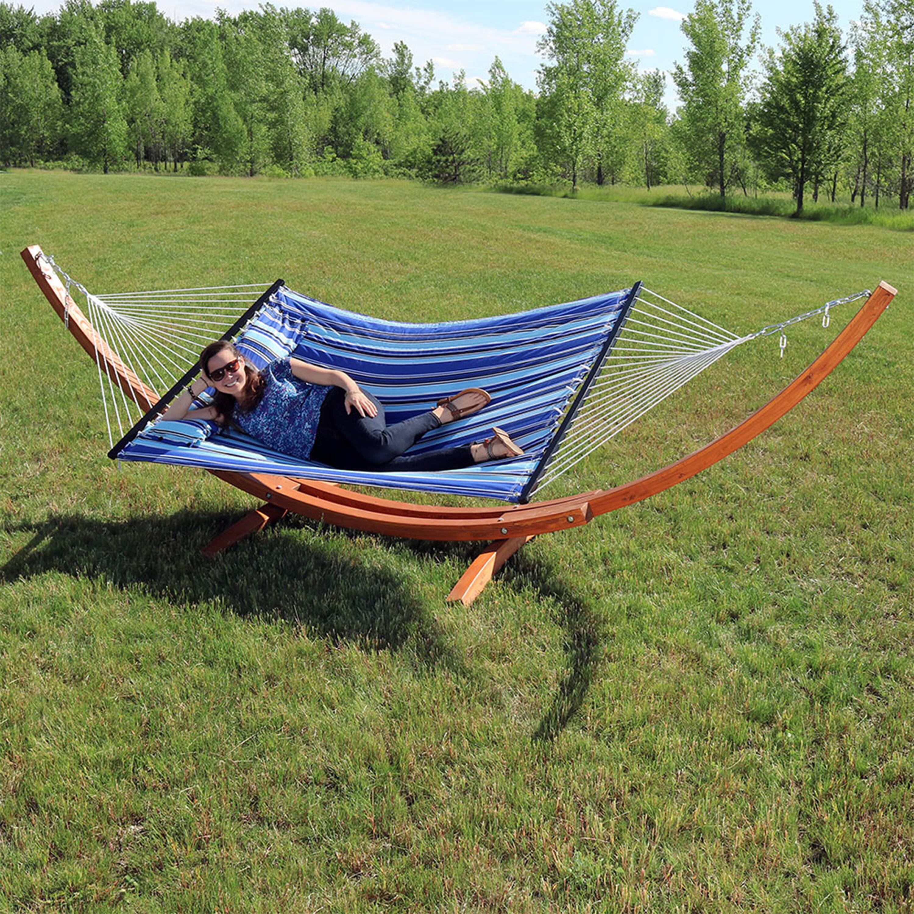 Alt View 7. Sunnydaze - Large Quilted Hammock with Curved Wooden Stand - Catalina Beach.