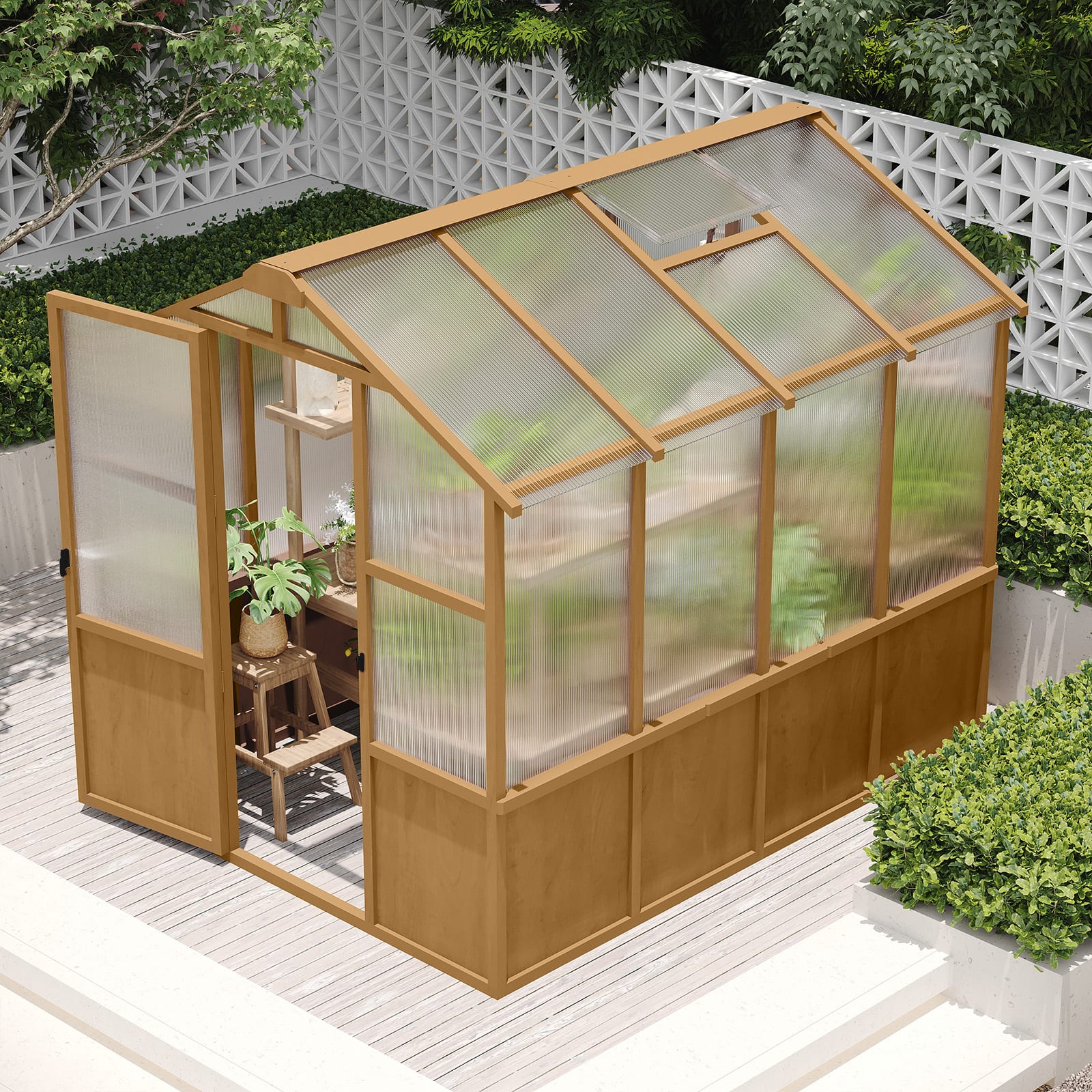 Mondawe - 6x8 FT Wooden Walk-in Greenhouse with 6MM Thick Polycarbonate Panel and Adjustable Roof Vents - Brown