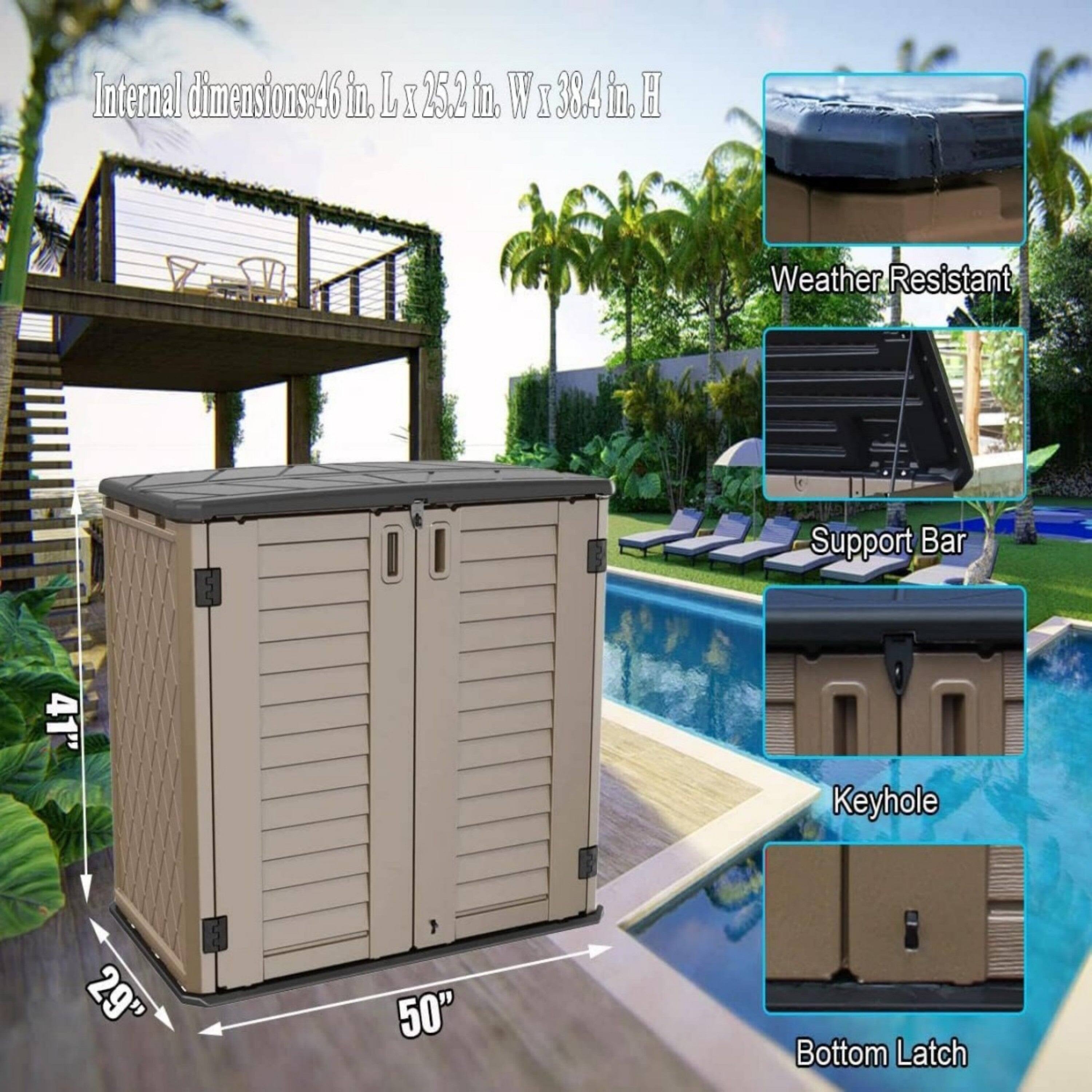 Internal dimensions: 46 in. L x 25.2 in. W x 38.4 in. H  
Weather Resistant  
Support Bar 41"  
Keyhole 29"  
Bottom Latch 50"