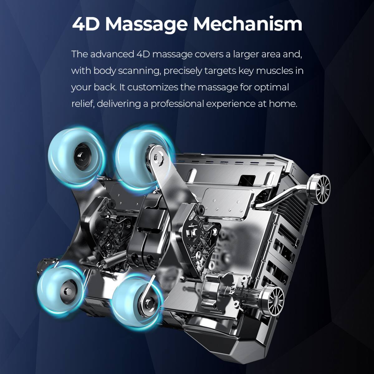 4D Massage Mechanism

The advanced 4D massage covers a larger area and, with body scanning, precisely targets key muscles in your back. It customizes the massage for optimal relief, delivering a professional experience at home.