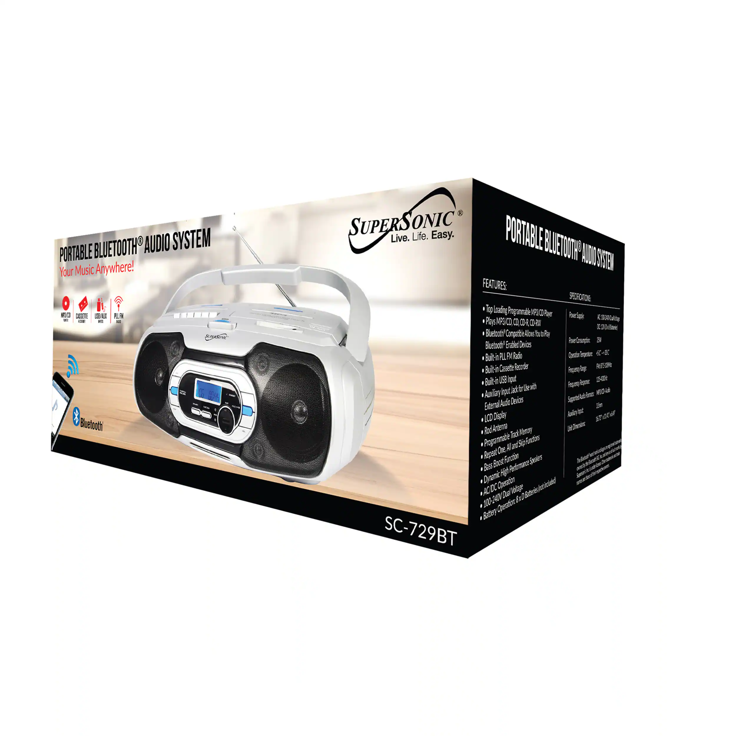 PORTABLE BLUETOOTH AUDIO SYSTEM  
Your Music Anywhere!  

i 1 : 3u EN de Bluefoot SUPERS ONIC Live. Life. Easy.  

PORTABLES BLUETOTIRP AOD SUEN FEAT RES SROIE U mdig Peganl Fe Por MPS C I  

Buetuty Copt Aon he d bel 3 Blutot Eratied Deos But a P 3 Rde Ont l Coete Redr Pom b & a S iput d de a ipm Auian ipurt i s Aok Jeies Eiderta ai I AC Doh &e re acesis  

Secte Papannate a 8 Rgrst One Bood Frctie Jeir  

+ Bm Dann Chathr xC D n A Dar de estie Bdr  

SC-729BT