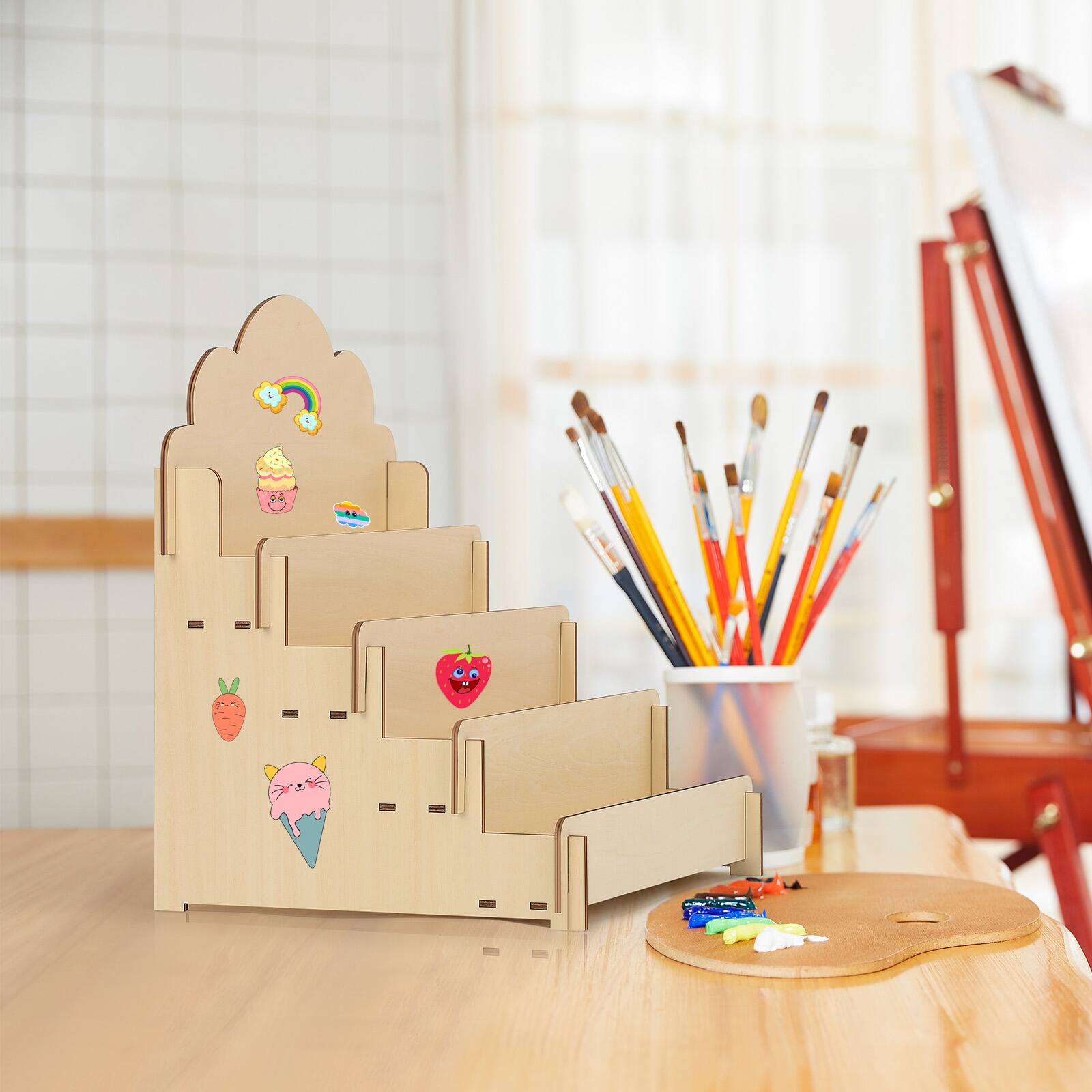 Alt View 1. Oumilen - Wooden Greeting Card Display Stand – Tiered Postcard Retail Rack for Tabletop, 11.81" x 10.5" - Natural.